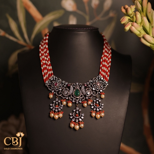 Embrace your love for vintage-inspired jewellery with our exquisite Victorian beaded necklace featuring corals, pearls and CZs.