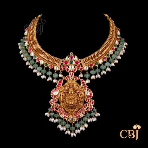 22K gold CZ Pachi Radiance necklace with intricate CZ settings and temple motifs, 47.69g