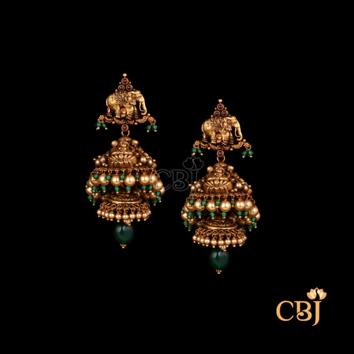 22K gold Nakashi Antique Jhumkas with intricate floral handwork, dome design, 22.77g