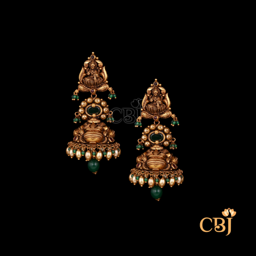 22K gold Nakshi antique jhumkas 3 with hand-carved paisley motifs and domed traditional design, 17.38g