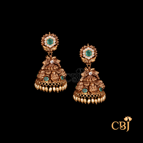 22K gold Nakshi Heritage antique jhumkas 4 with elaborate hand-carved temple motifs, 24.58g