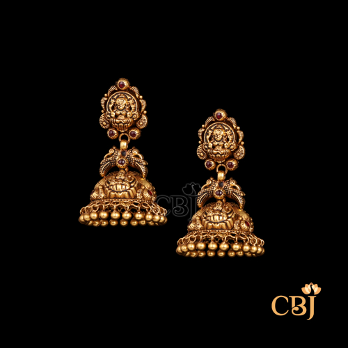 22K gold Nakshi Delicate antique jhumkas 6 with minimal temple motifs, ultra-lightweight, 10.05g