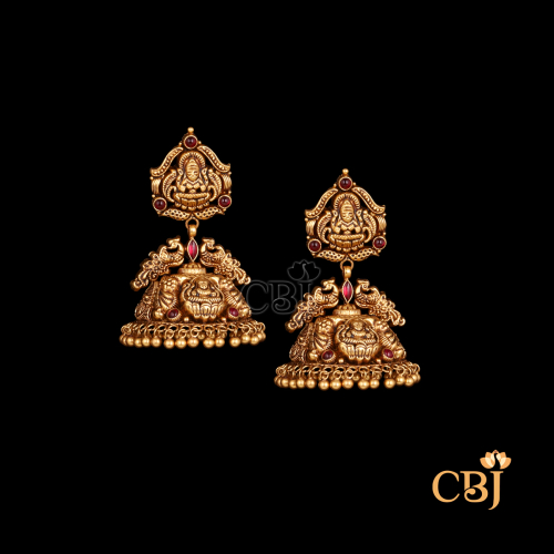 22K gold Nakshi Pearl antique jhumkas 9 with temple patterns and refined dome design, 12.95g