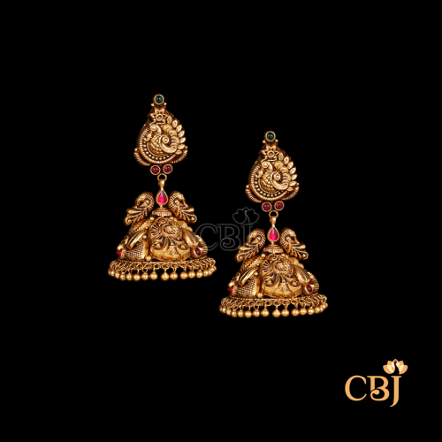 22K gold Nakshi Eternal antique jhumkas 10 with temple motifs and timeless dome design, 12.32g