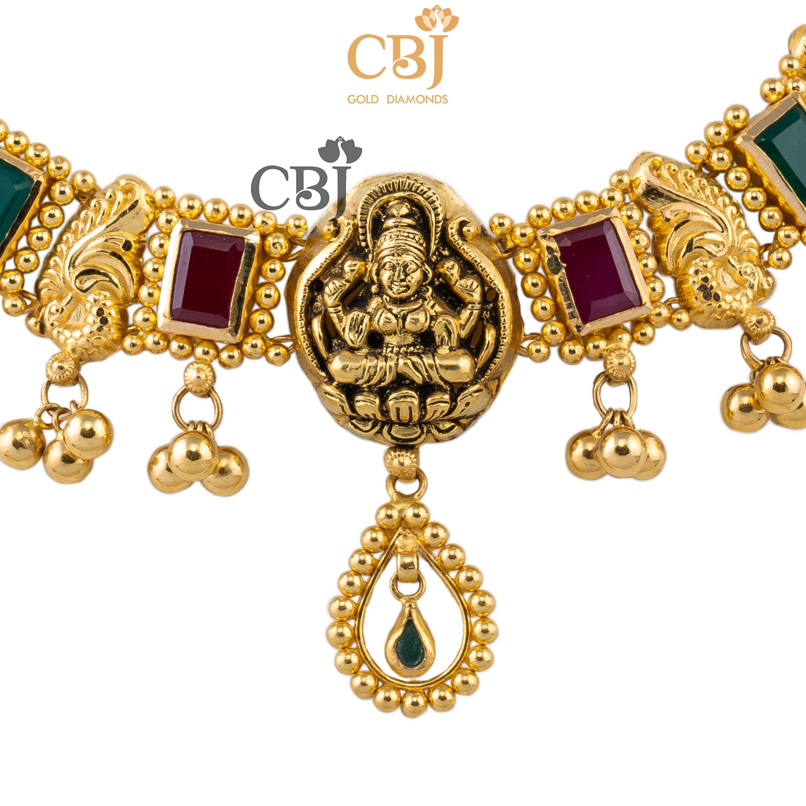 A short necklace highlighting the ruby and emerald stones