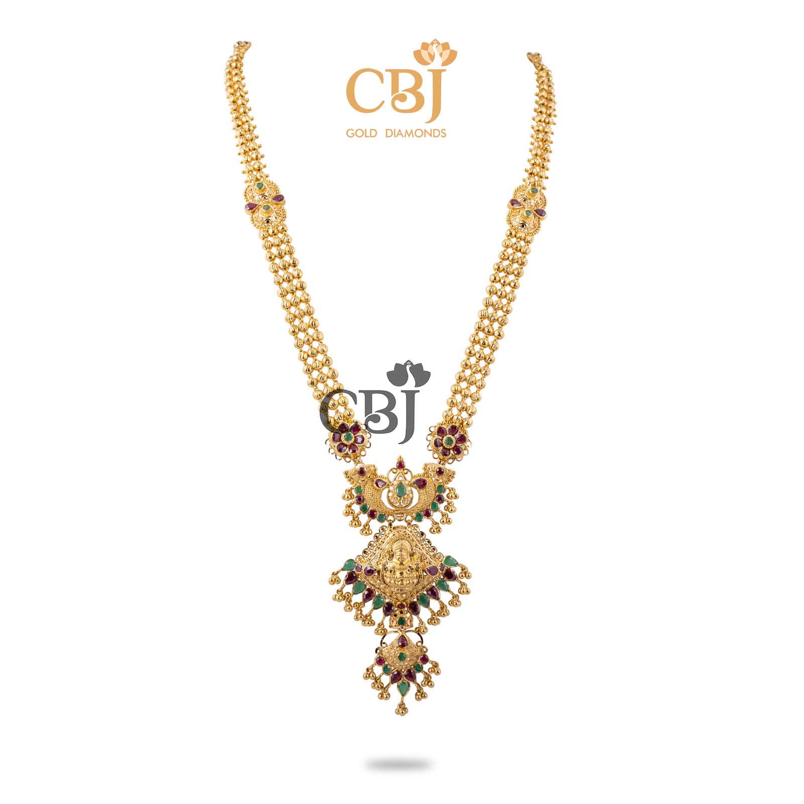 Gold Balls Haar/Haram featuring Lakshmi Goddess in the pendant, design inherited from south indian culture.