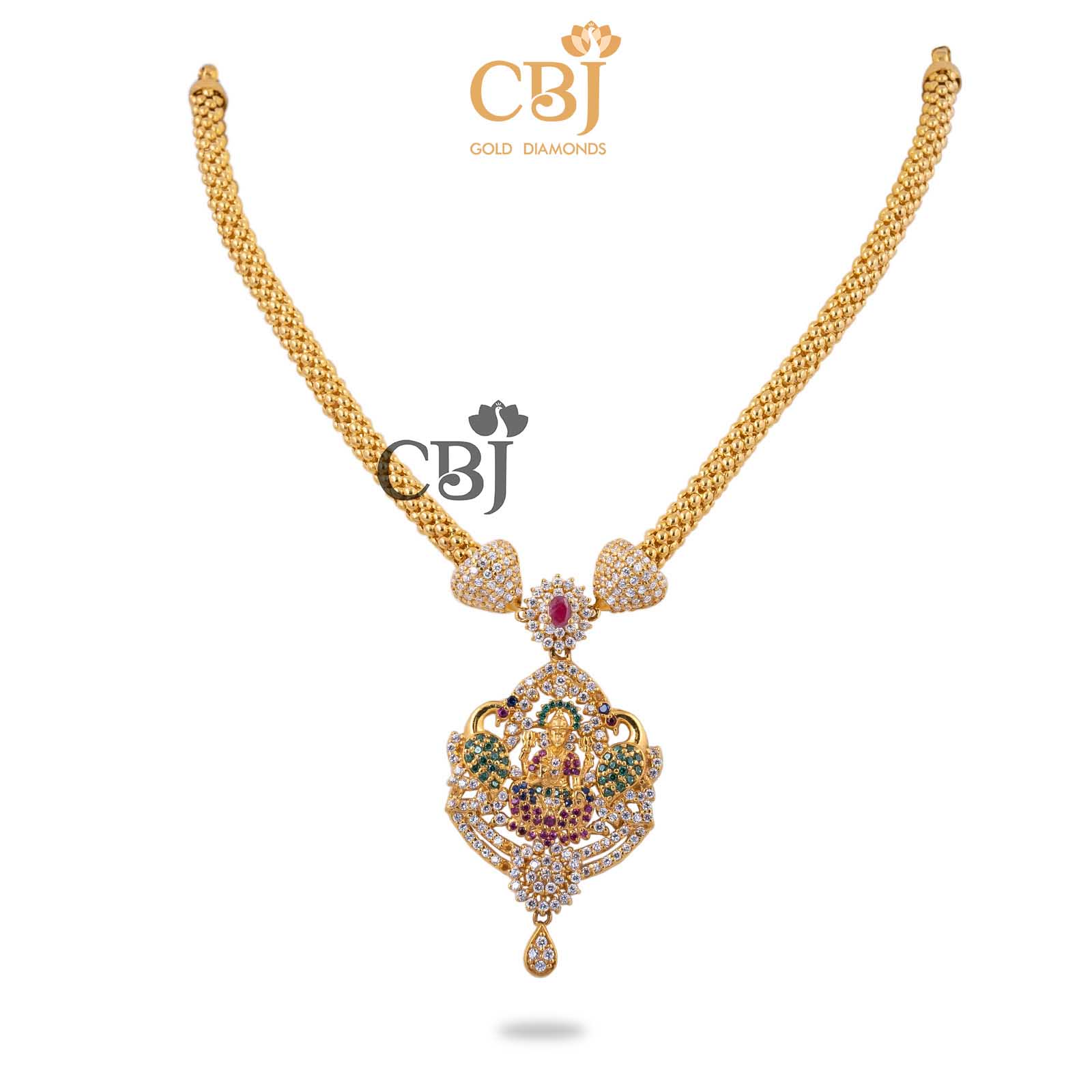 Light weight Lakshmi necklace in a temple design, featuring CZ's.