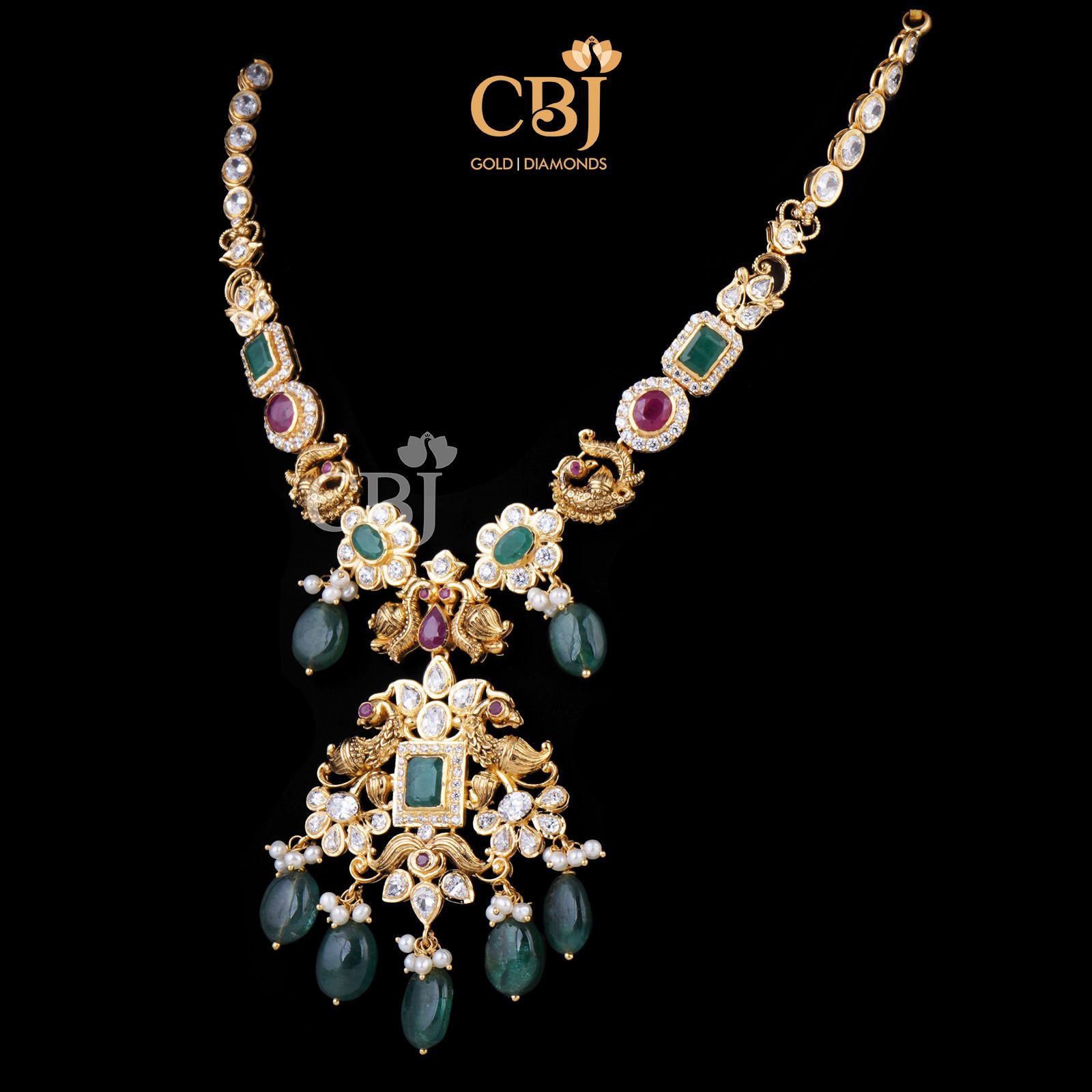 Shriya CZ Pachi Necklace With Emerald Drops