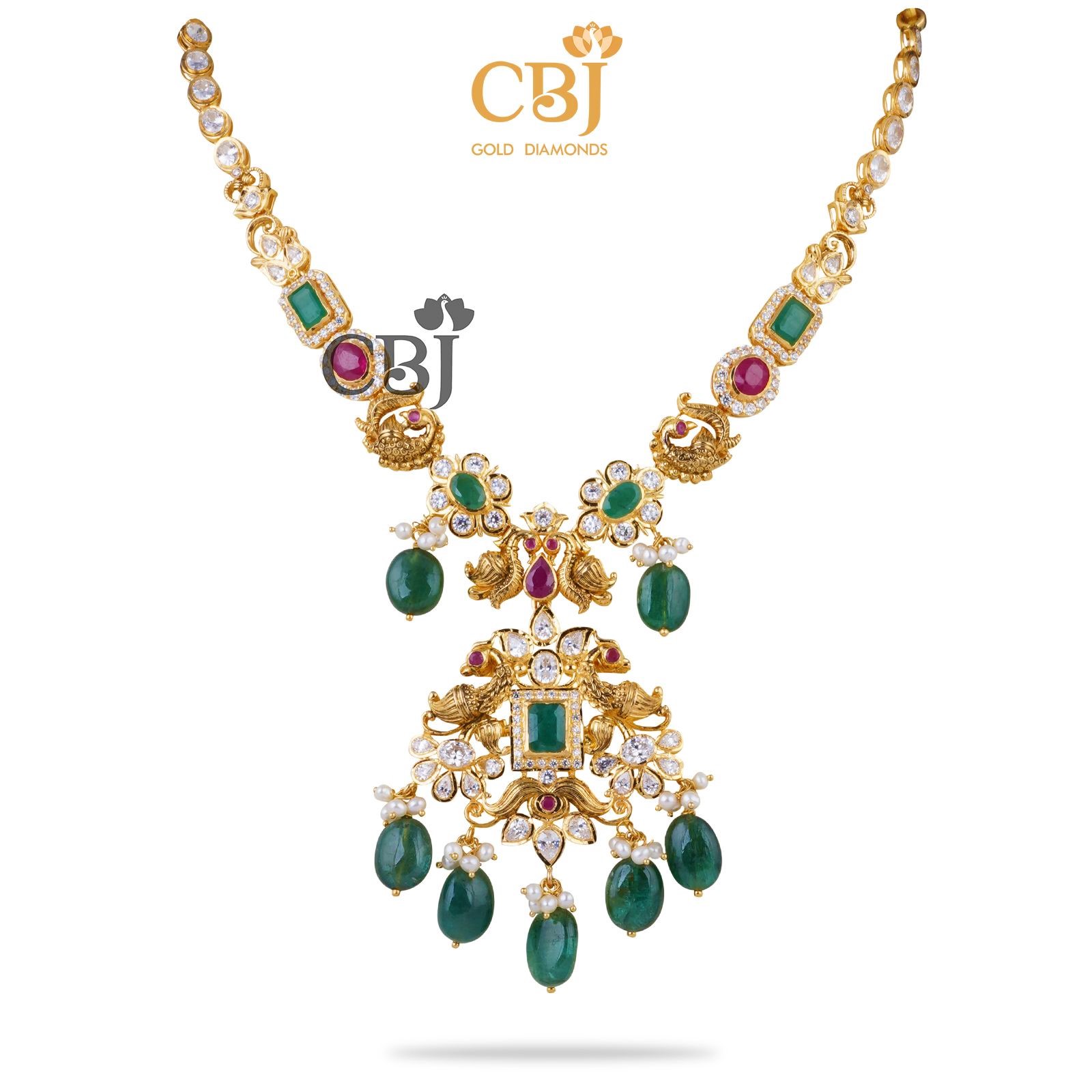 Shriya CZ Pachi Necklace With Emerald Drops