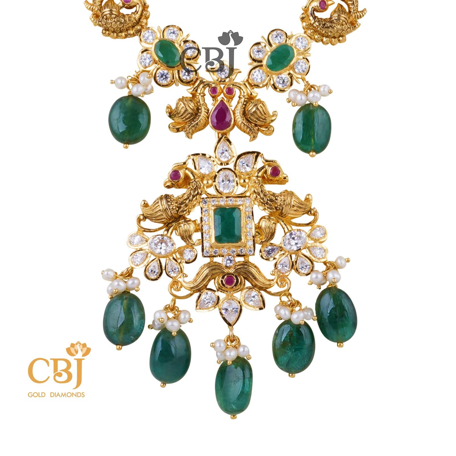 Shriya CZ Pachi Necklace With Emerald Drops