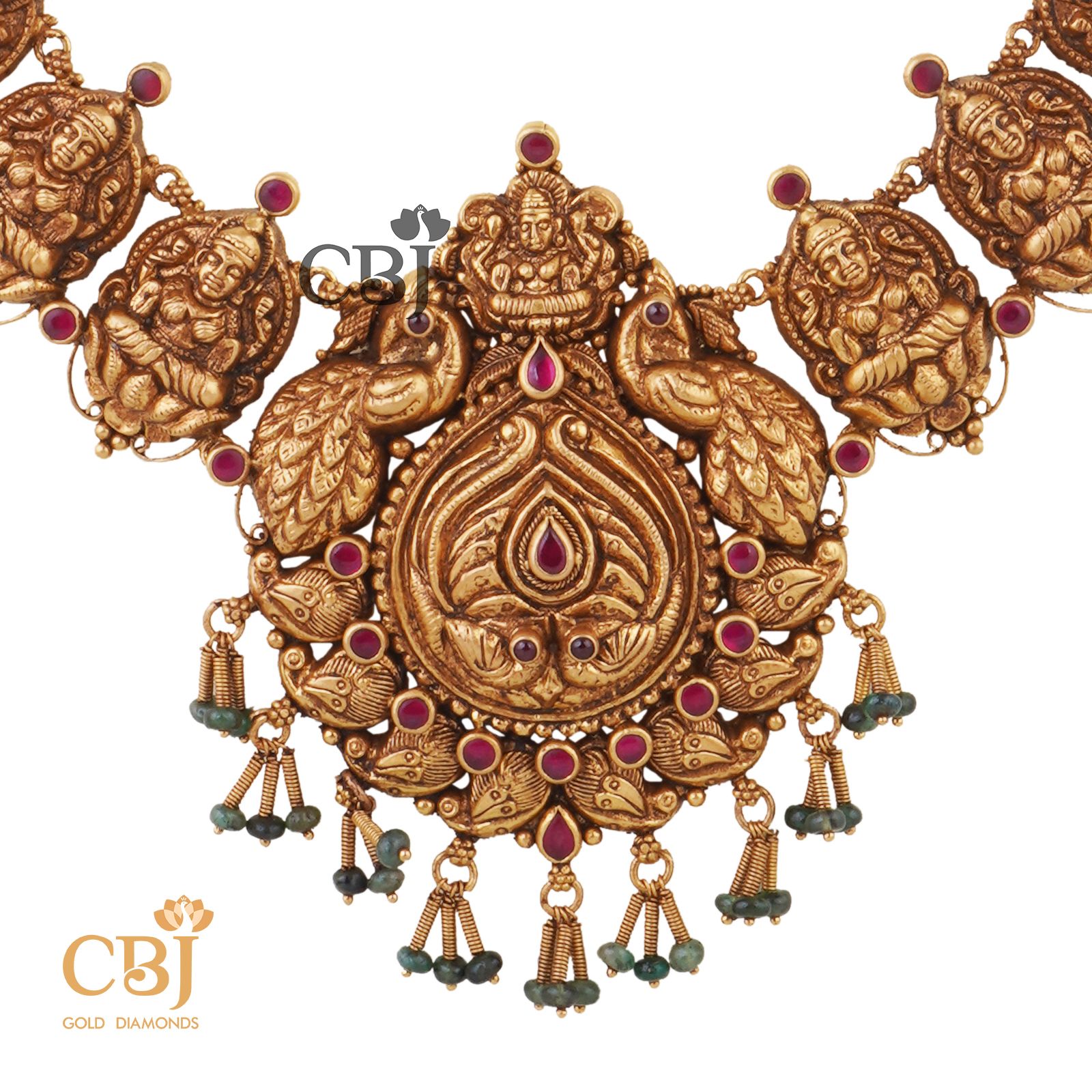 An antique deep nakas/nakashi U haram featuring ruby dots and a peacock design. It is designed to enhance any traditional wear.