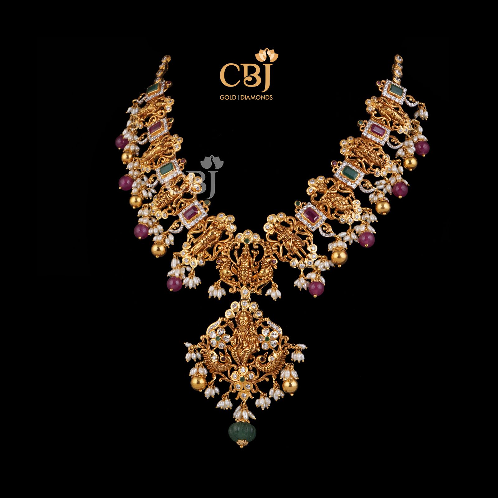 Dashavataram necklace crafted with CZ pachi work suspended with micro-pearls.