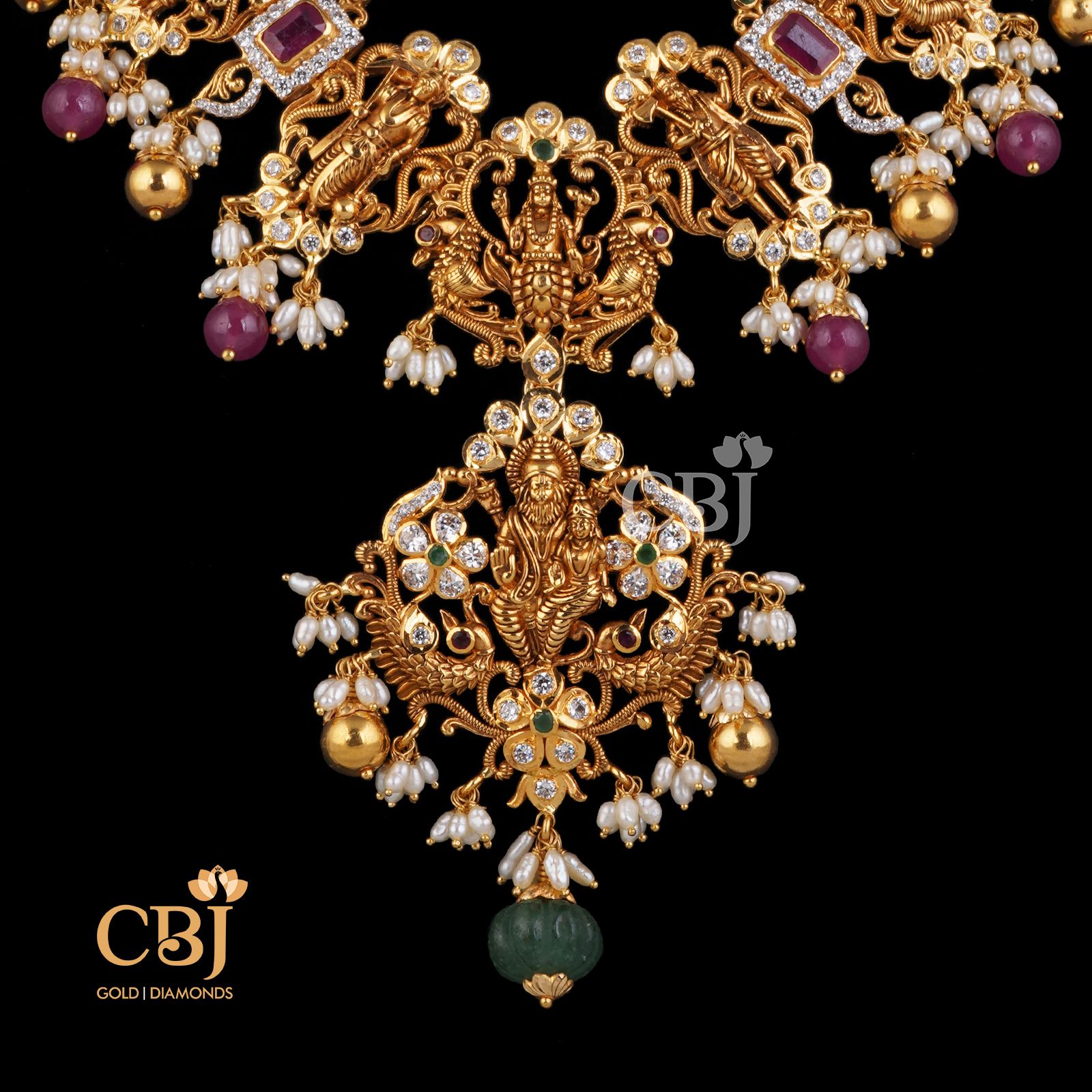 Dashavataram necklace crafted with CZ pachi work suspended with micro-pearls.