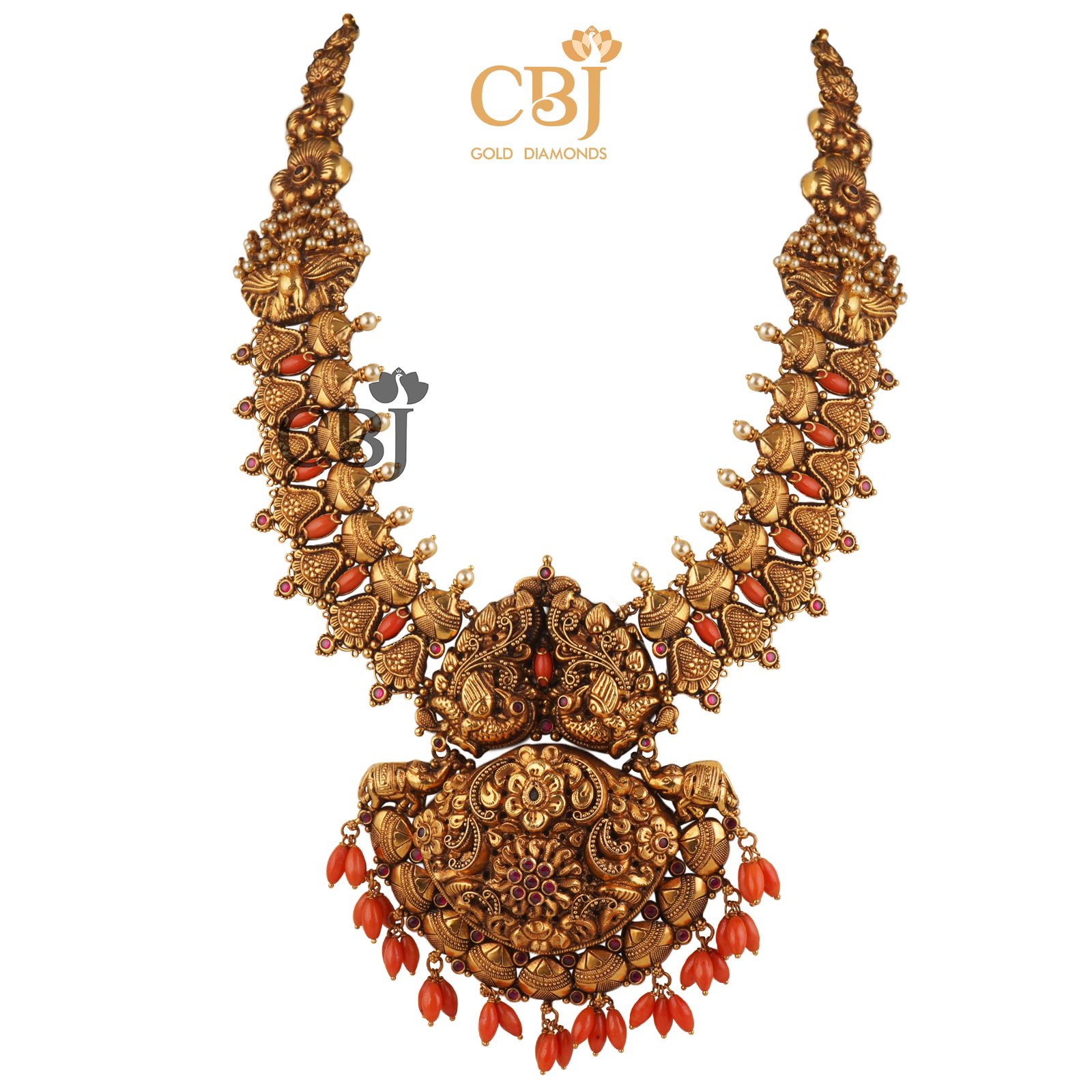 A style statement nakashi haar studded to perfection with corals for a stunning understated colour contrast.