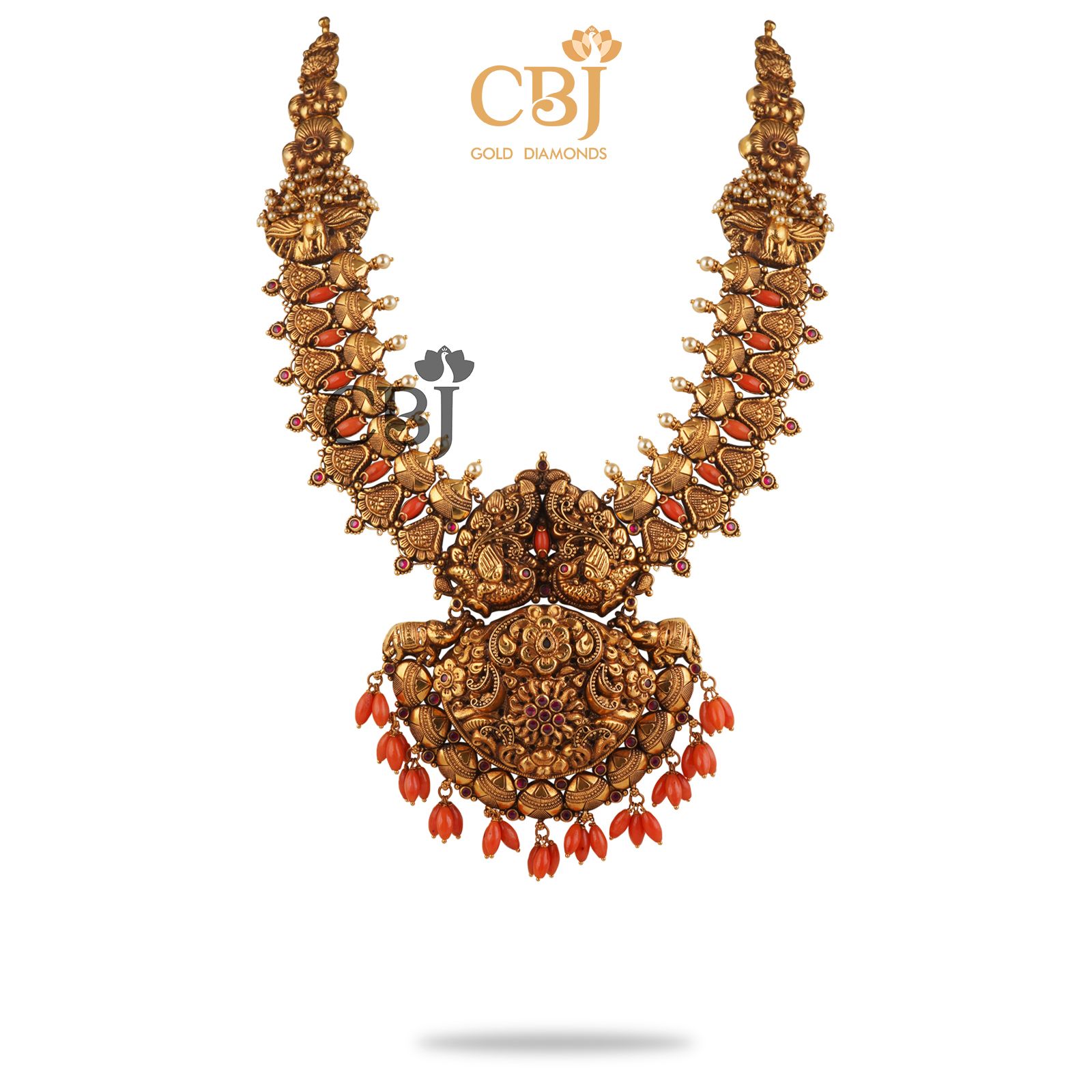 A style statement nakashi haar studded to perfection with corals for a stunning understated colour contrast.