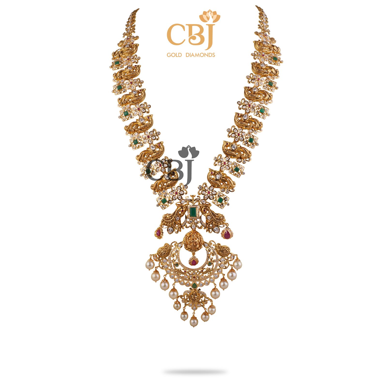 A long CZ pachi haram featuring a peacock design studded with rubies and emeralds.