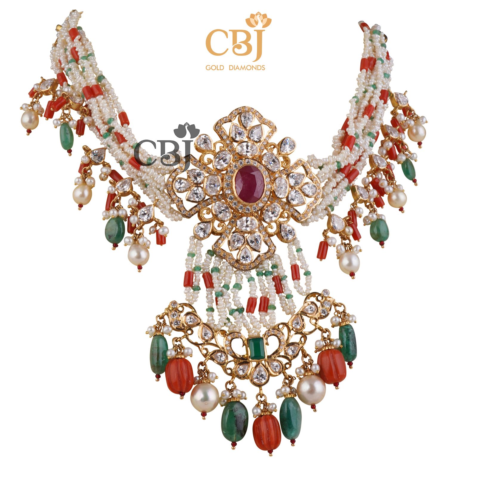 A coral choker/bajuband featuring a unique colour combination of stones.