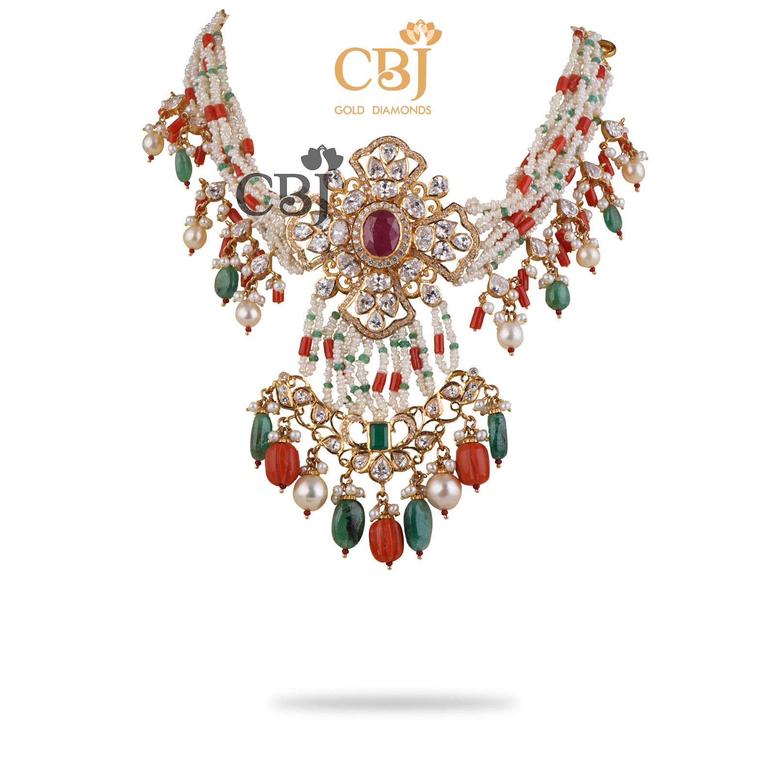 A coral choker/bajuband featuring a unique colour combination of stones.