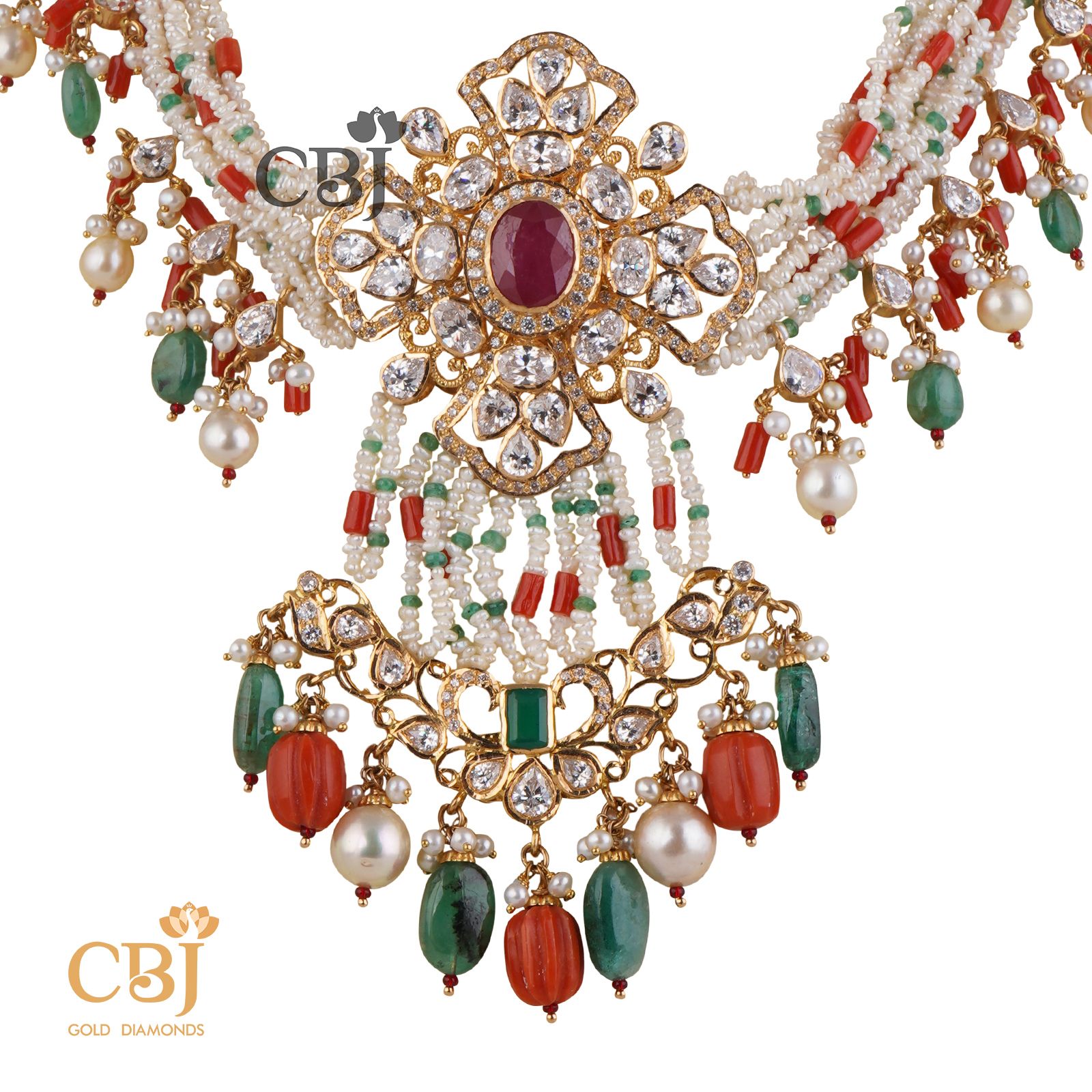 A coral choker/bajuband featuring a unique colour combination of stones.