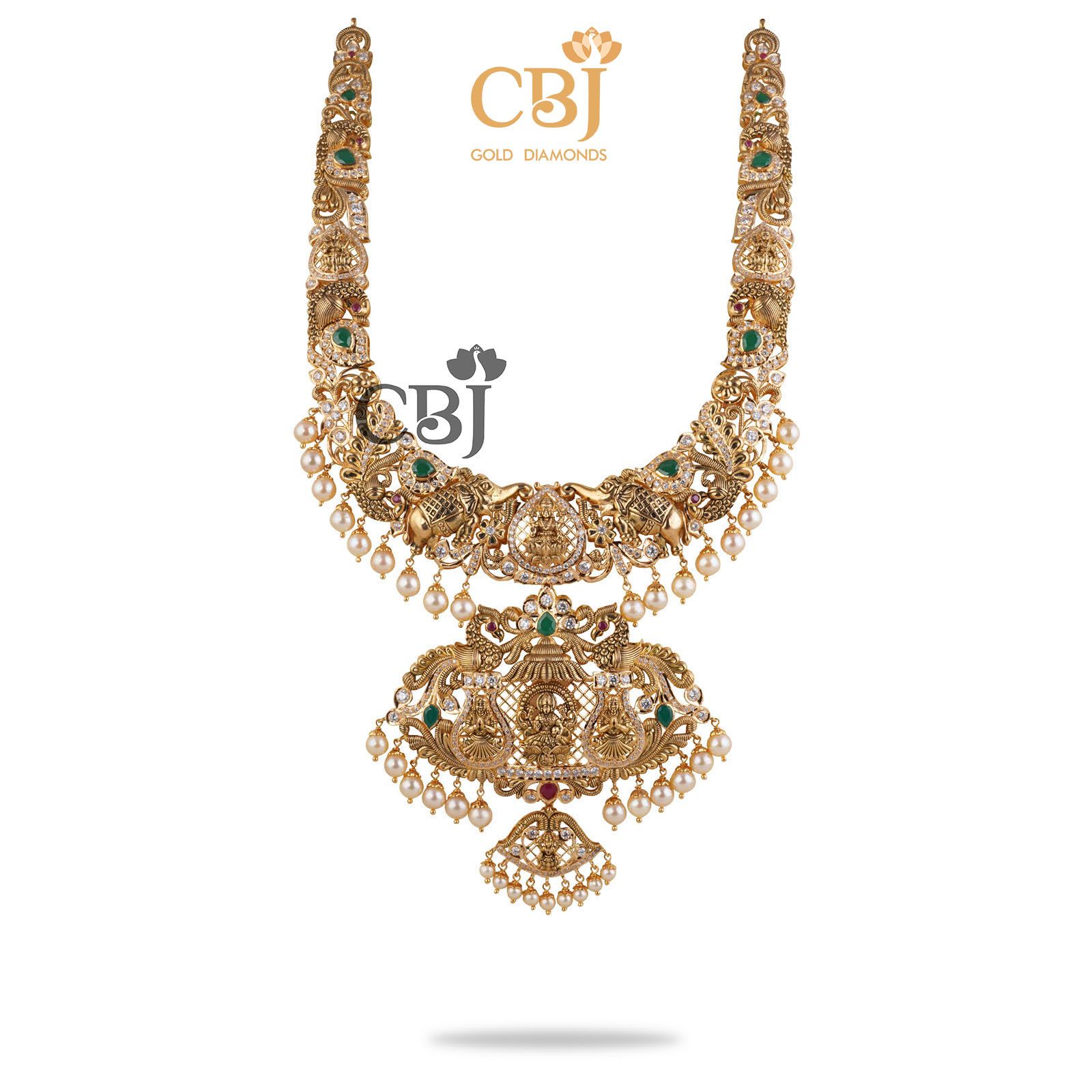 Add grace to your outfit with this grand CZ pachi U haram. A stunning design with a suspended centrepiece.