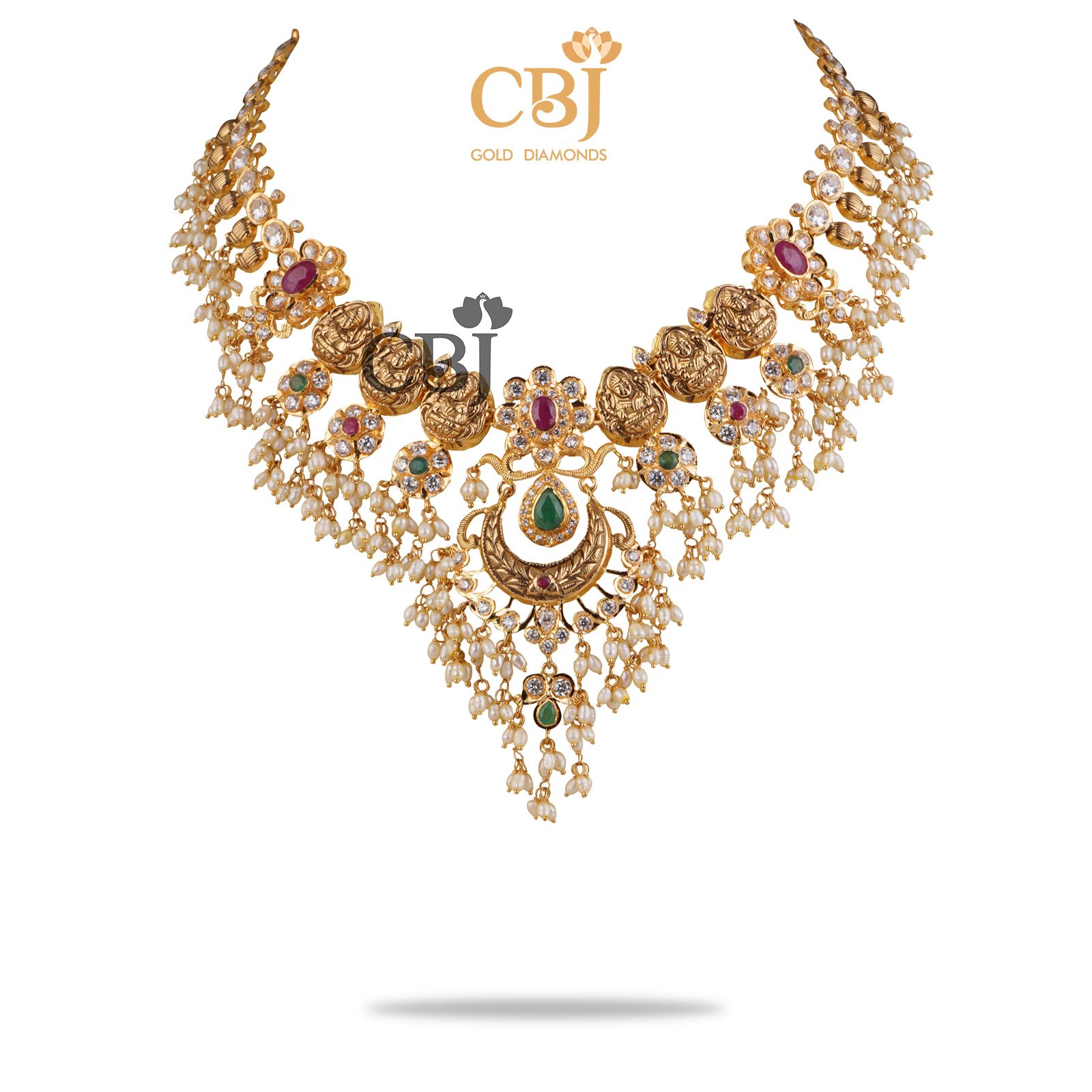 Lakshmi Bottumala Guttapusalu with a unique design featuring rubies, emeralds and CZs.
