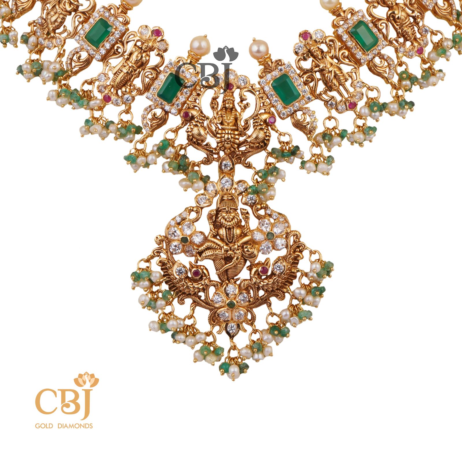 Classic emerald Dasavataram necklace in CZ Pachi design.