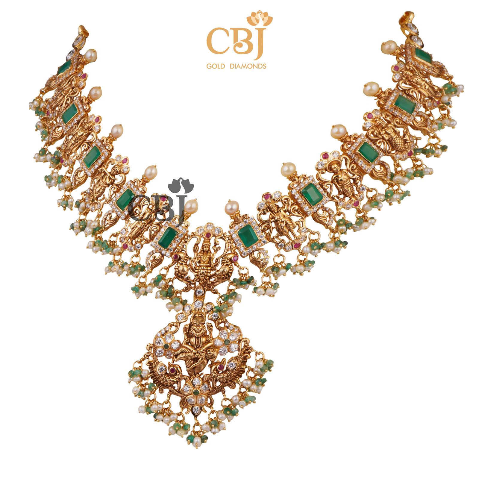 Classic emerald Dasavataram necklace in CZ Pachi design.