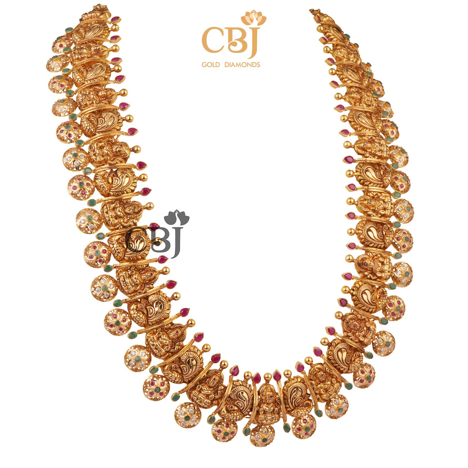 A cz pachi Lakshmi bottumala featuring peacock motifs.
