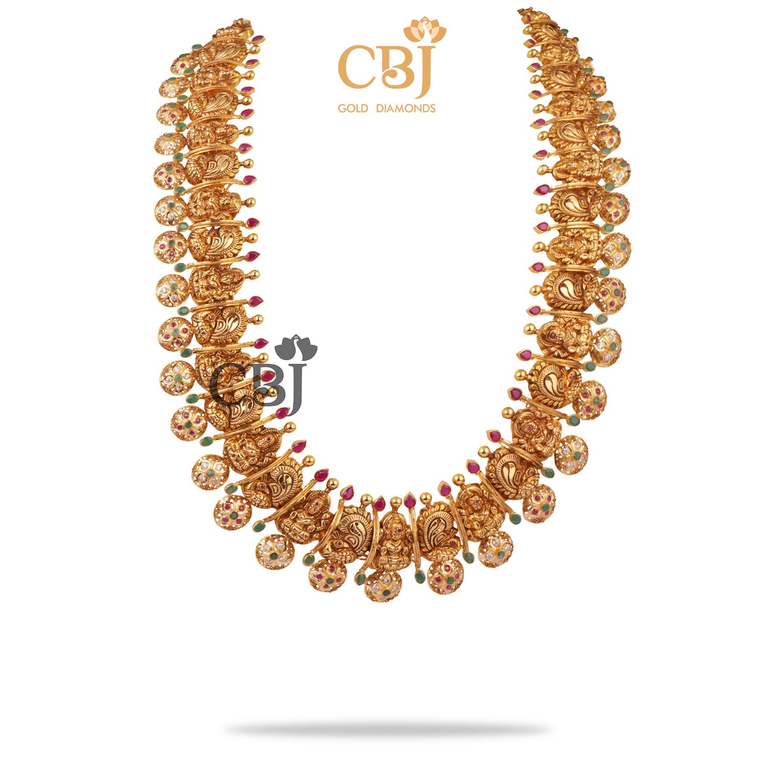 A cz pachi Lakshmi bottumala featuring peacock motifs.