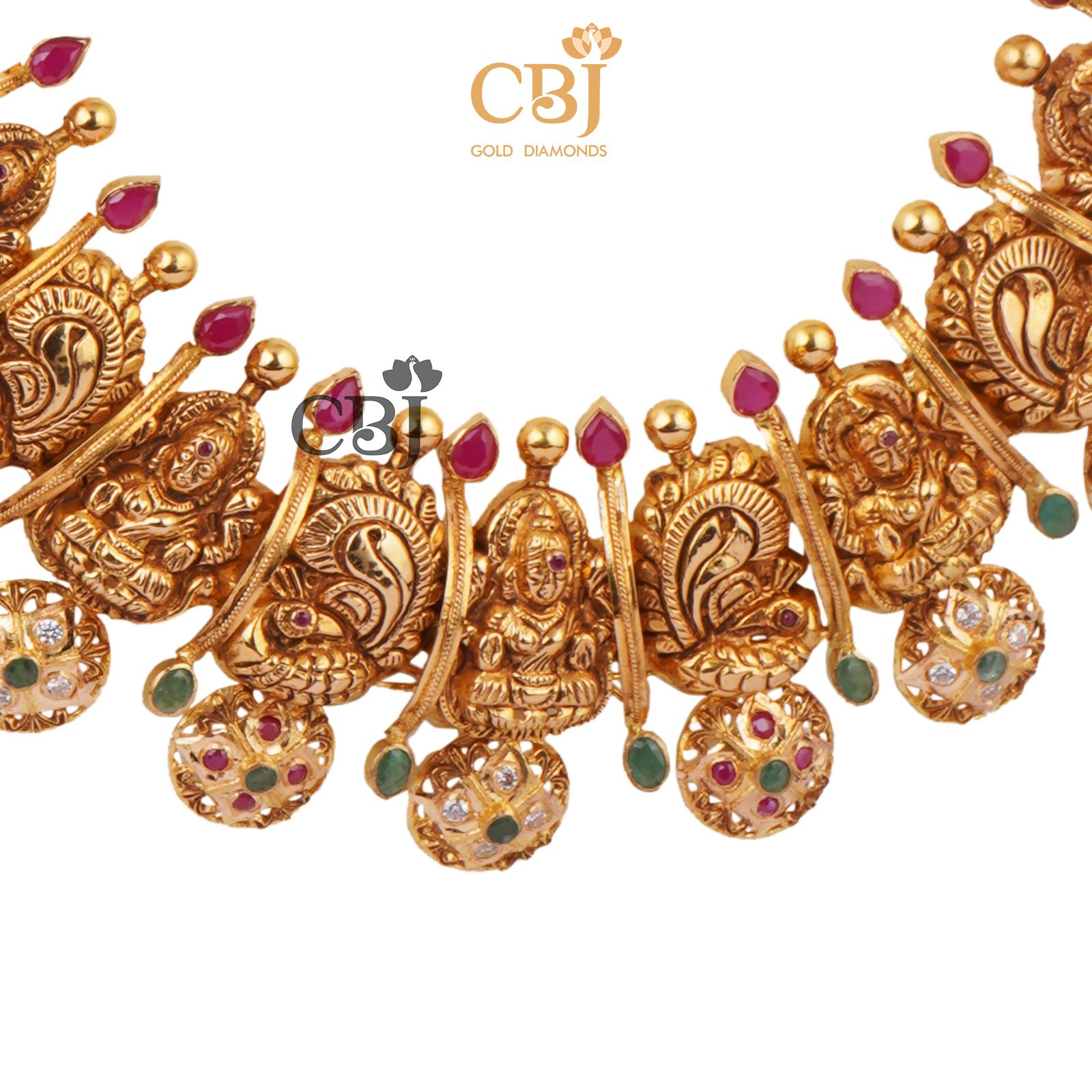 A cz pachi Lakshmi bottumala featuring peacock motifs.