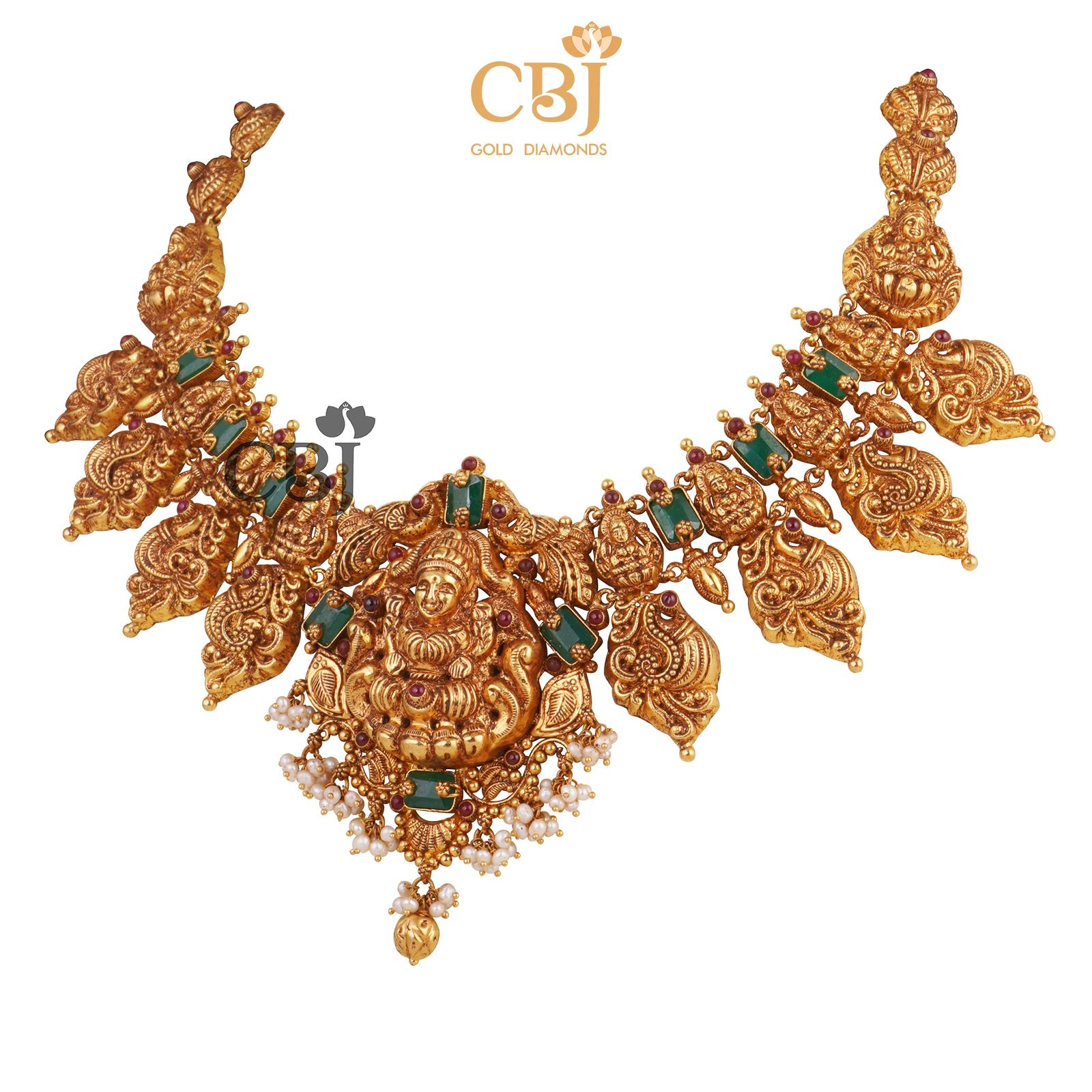 A short Lakshmi haram featuring emeralds and micro pearls.