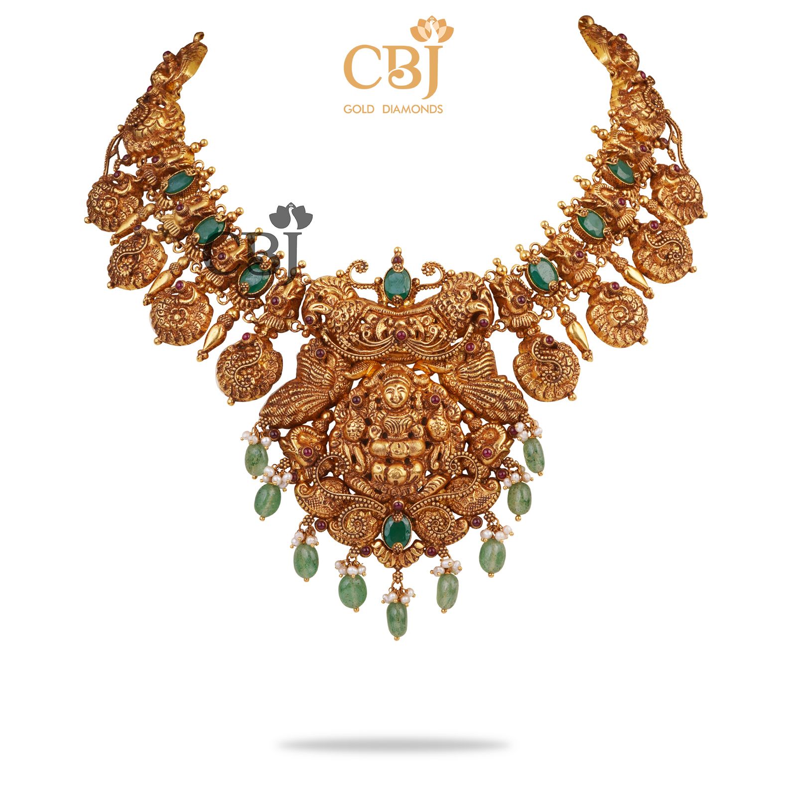 A short necklace featuring peacock motifs with suspended zambian emeralds.