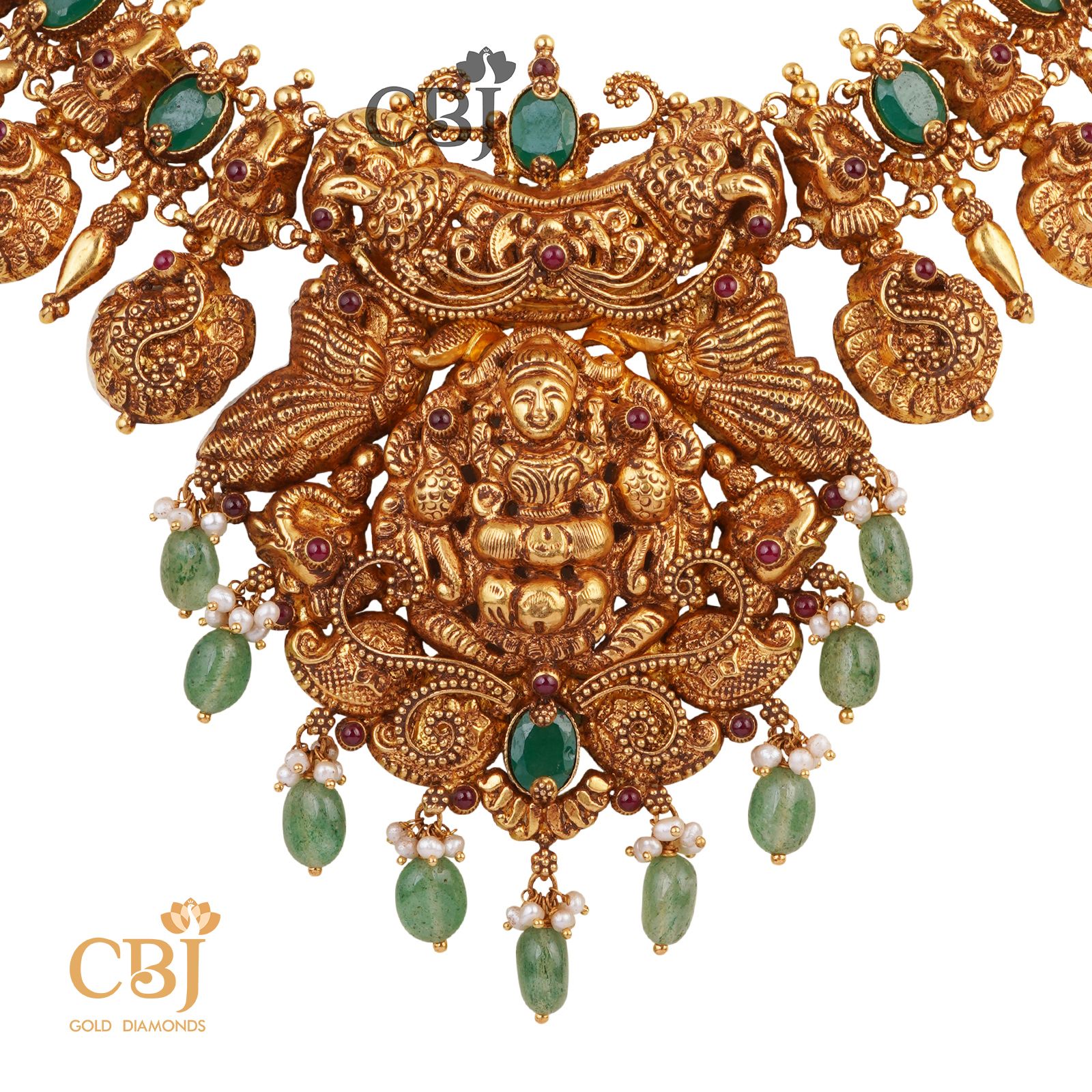 A short necklace featuring peacock motifs with suspended zambian emeralds.