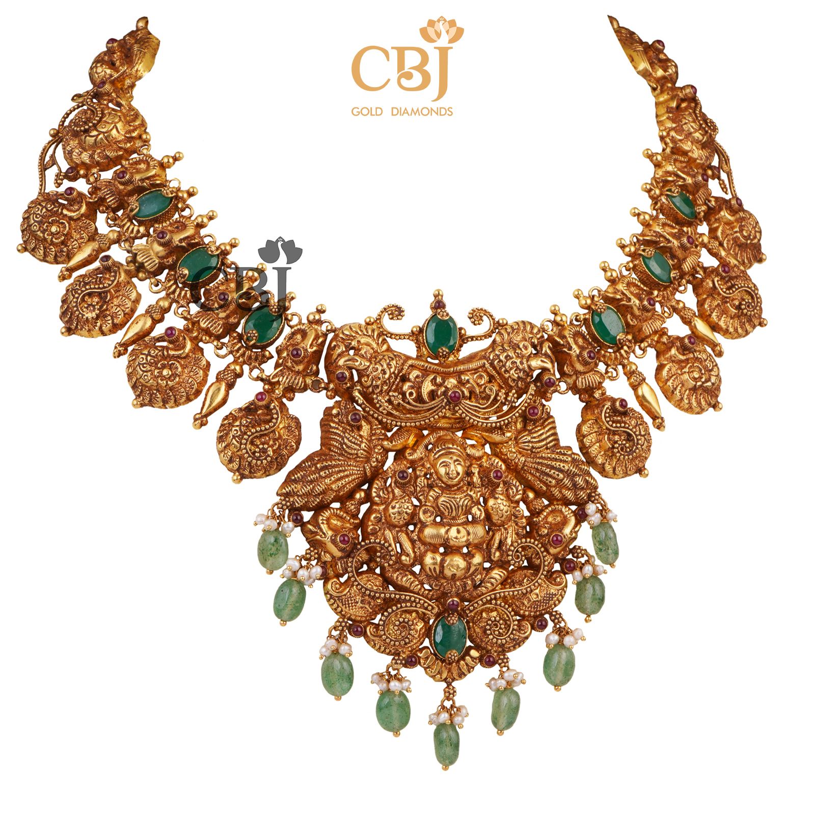 A short necklace featuring peacock motifs with suspended zambian emeralds.