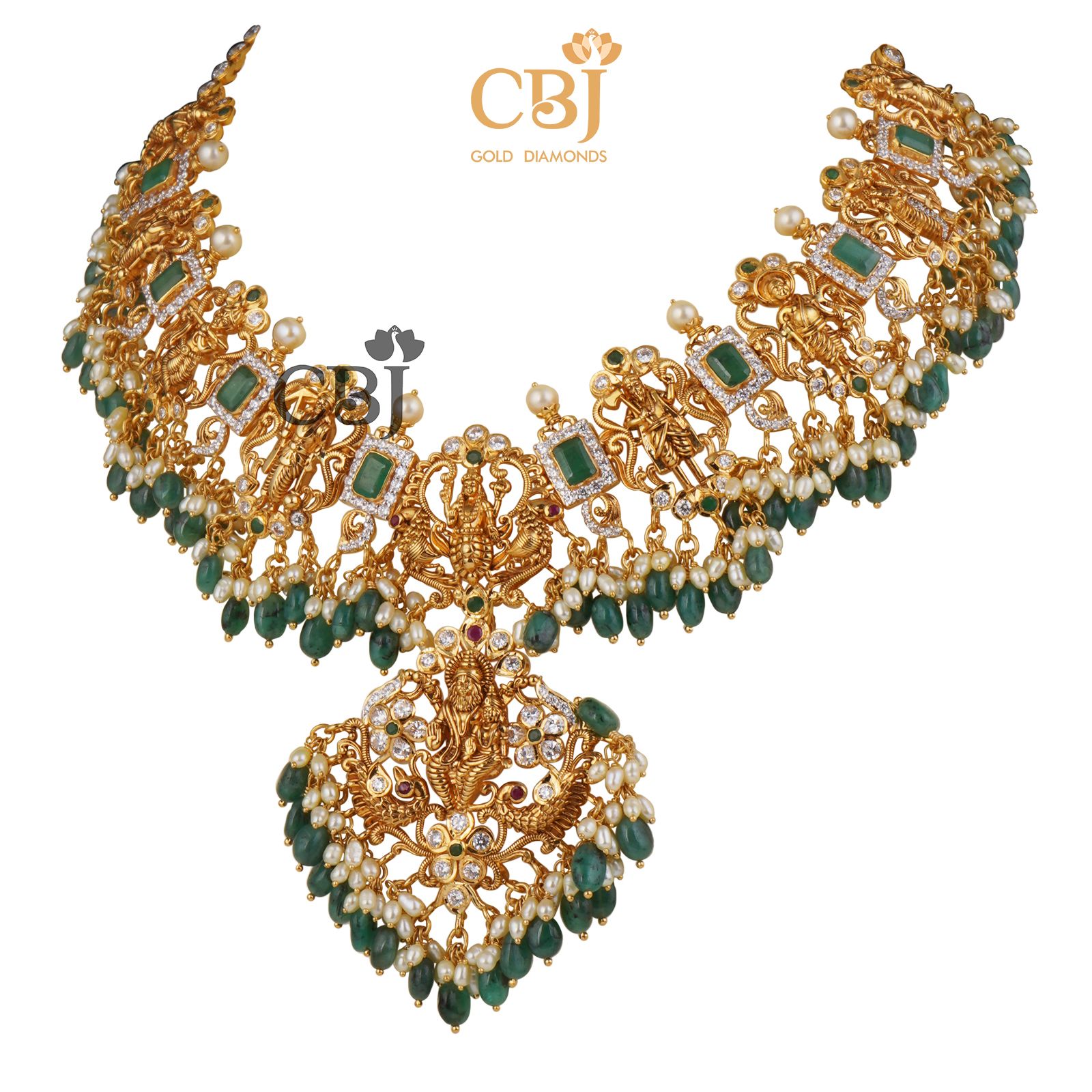 A classic CZ pachi dasavataram necklace  with suspended emerald drops.