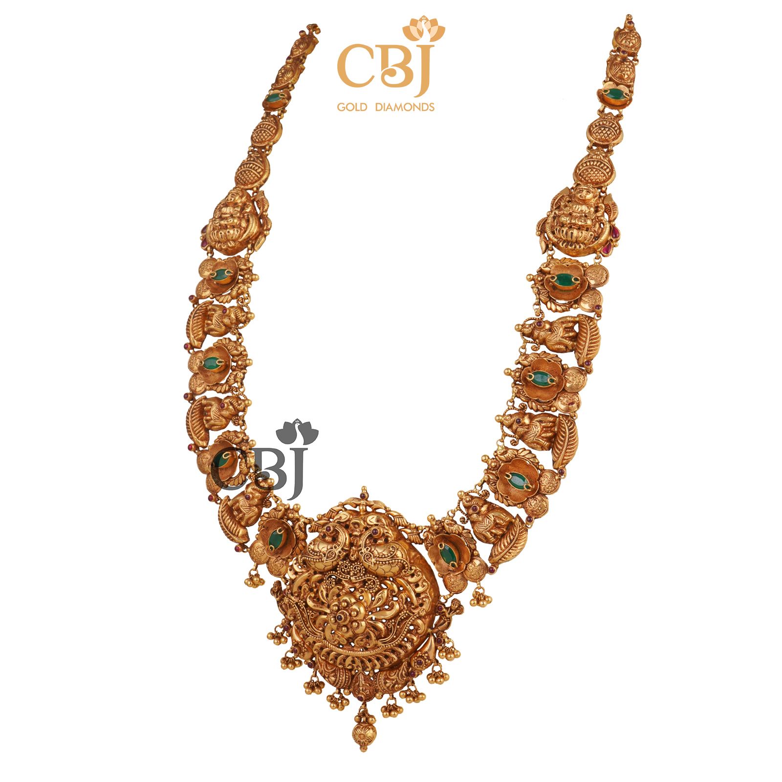 Deep nakas haram studded with emerald stones featuring elephant motifs.