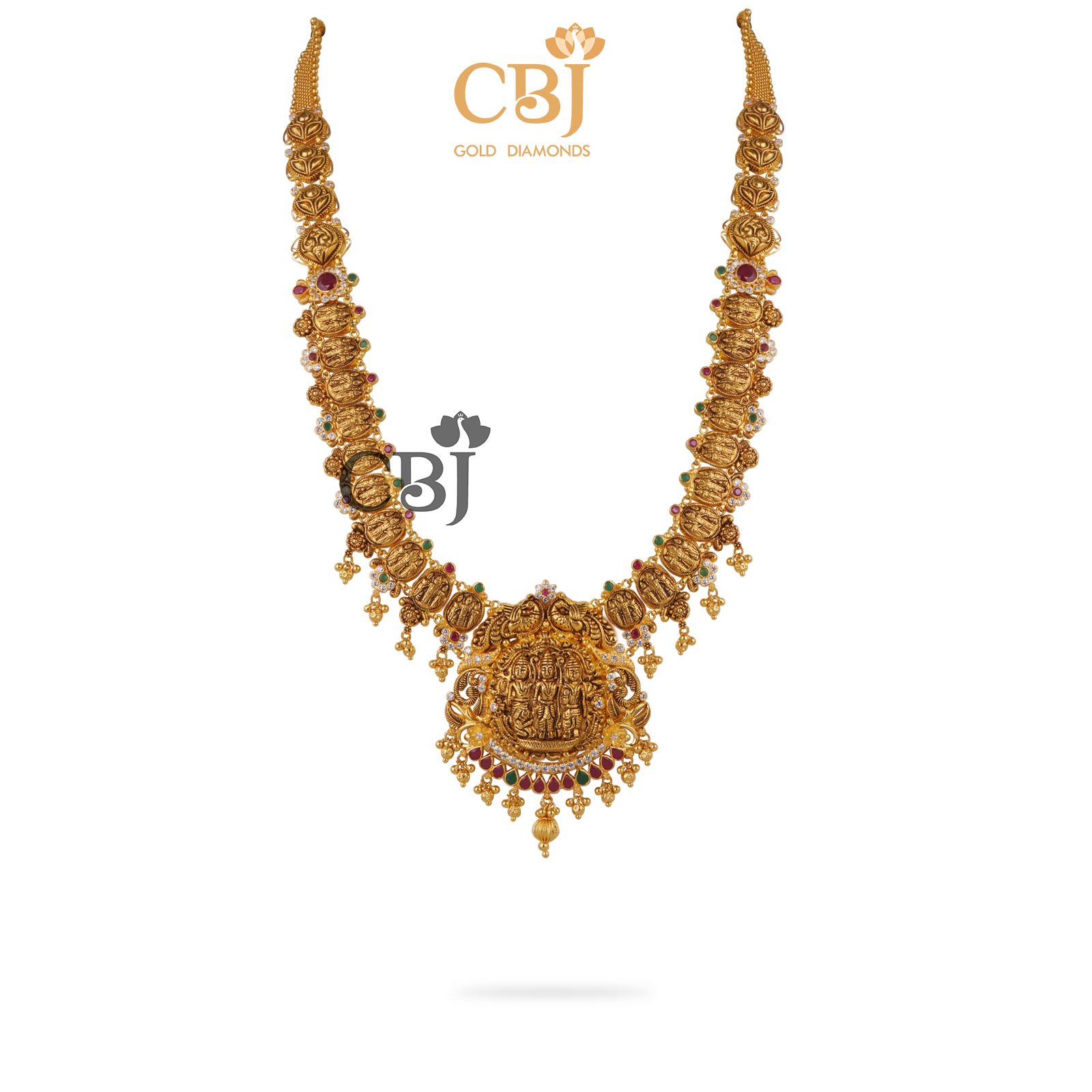 Light weight haram with a grand look featuring ruby and emerald potas.