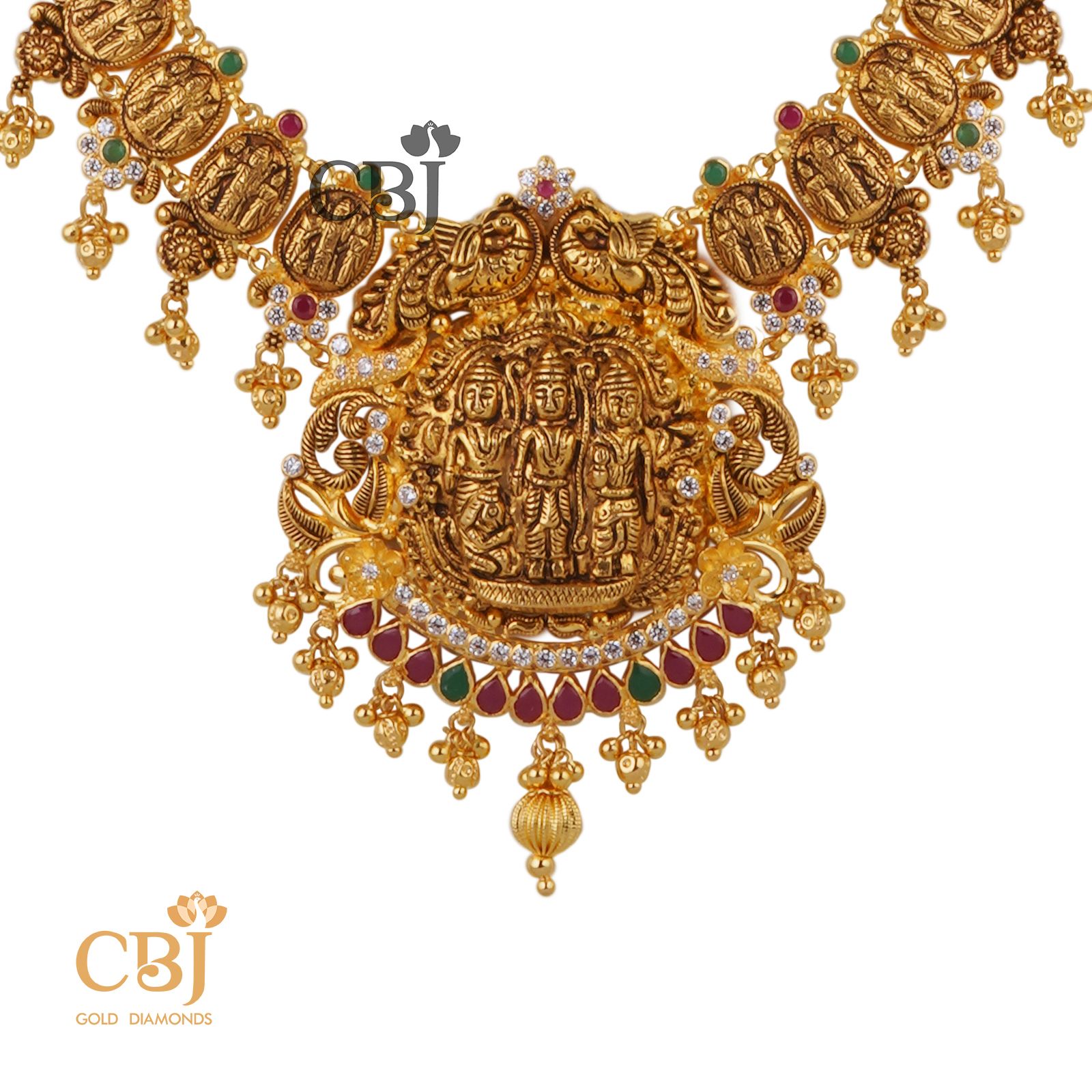 Light weight haram with a grand look featuring ruby and emerald potas.