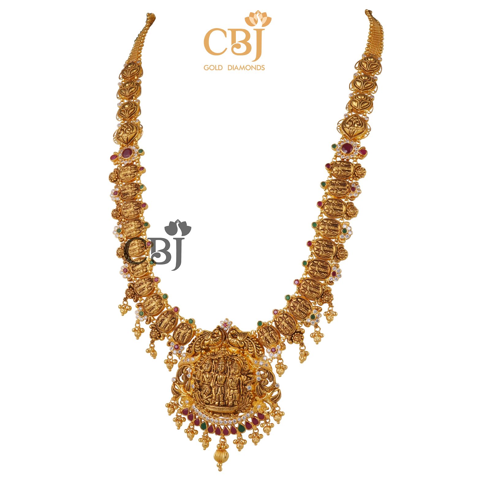 Light weight haram with a grand look featuring ruby and emerald potas.