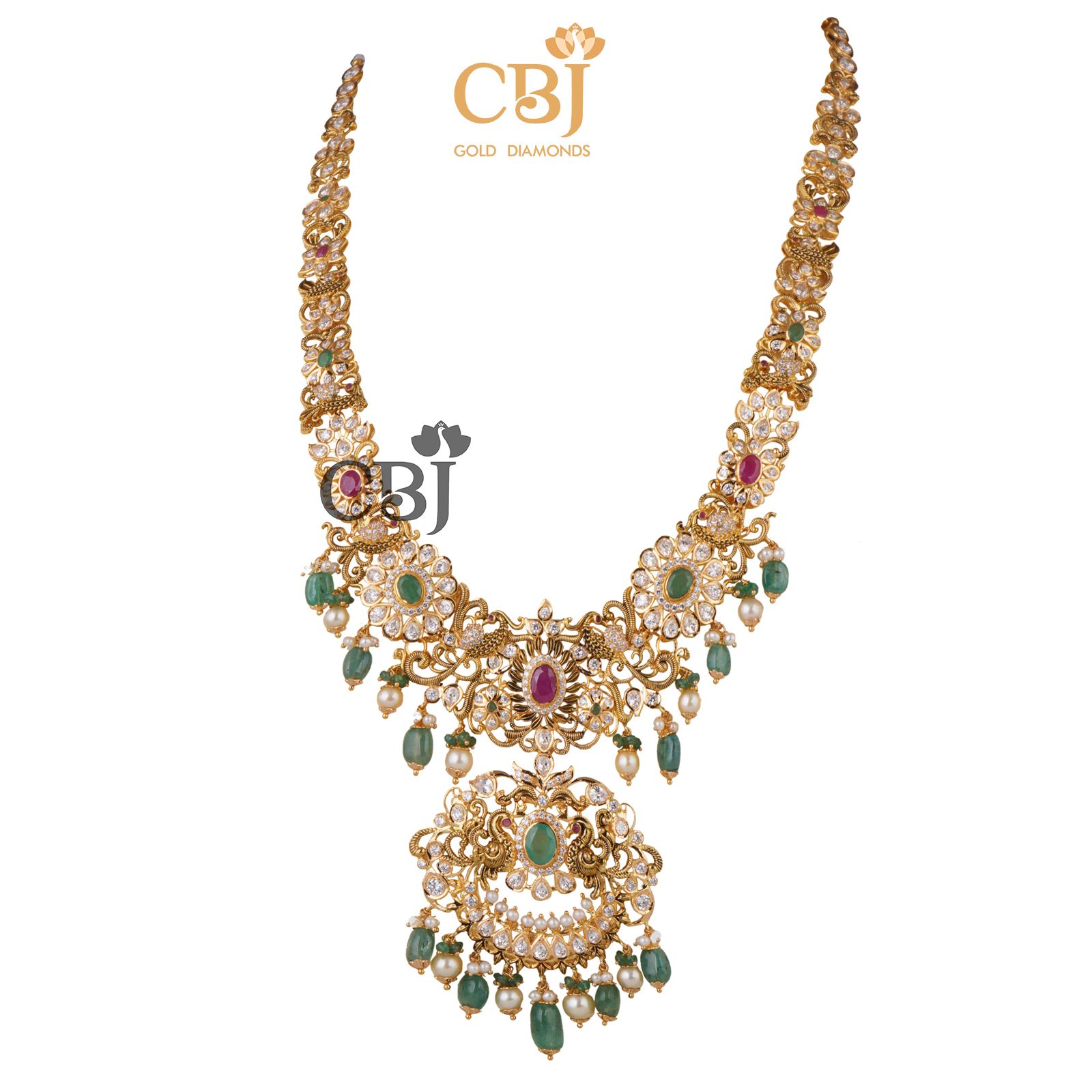 A unique designer U-haram featuring a CZ pachi framework with suspended emeralds and pearls.