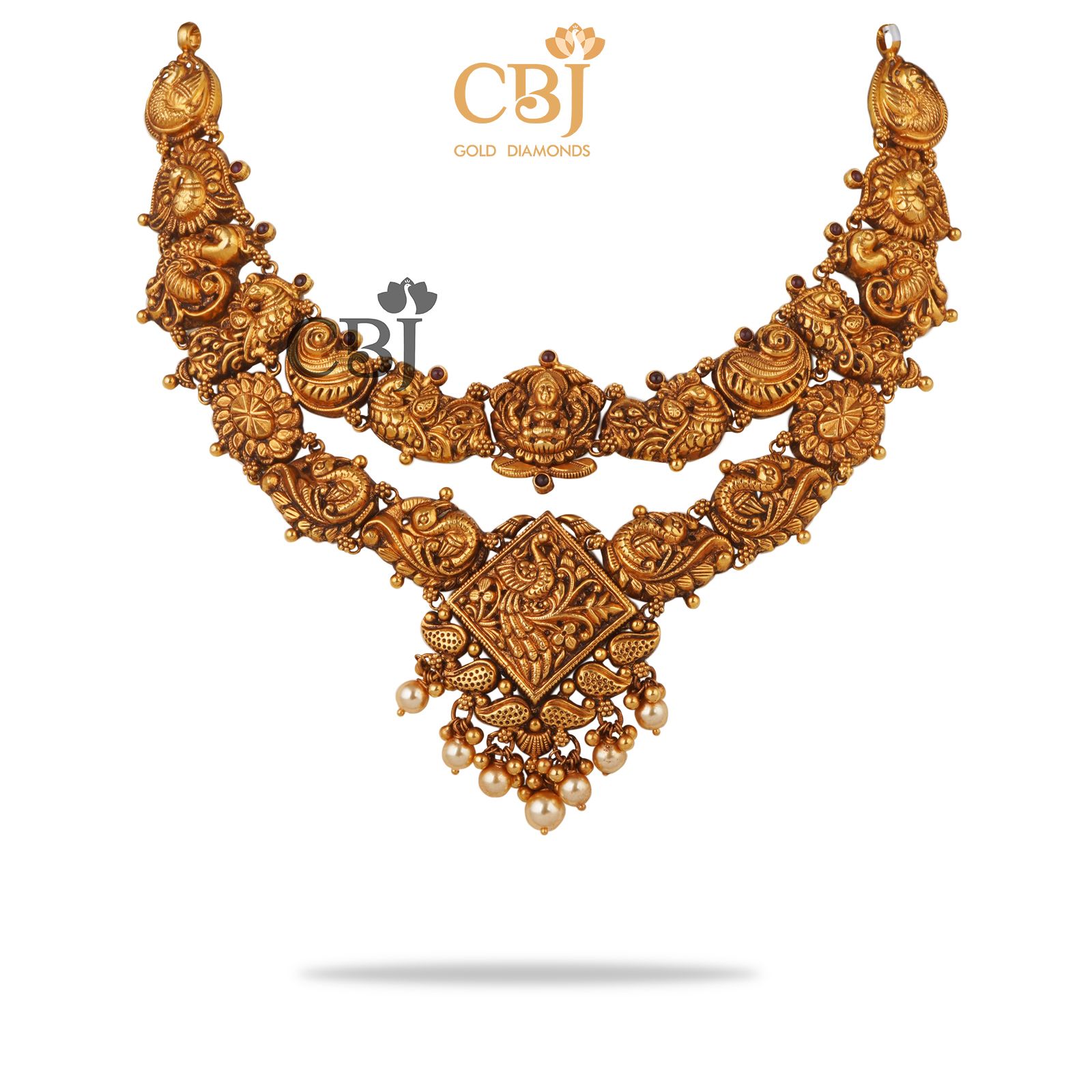 A unique 2 step antique nakashi necklace featuring a stunning design with suspended pearls.