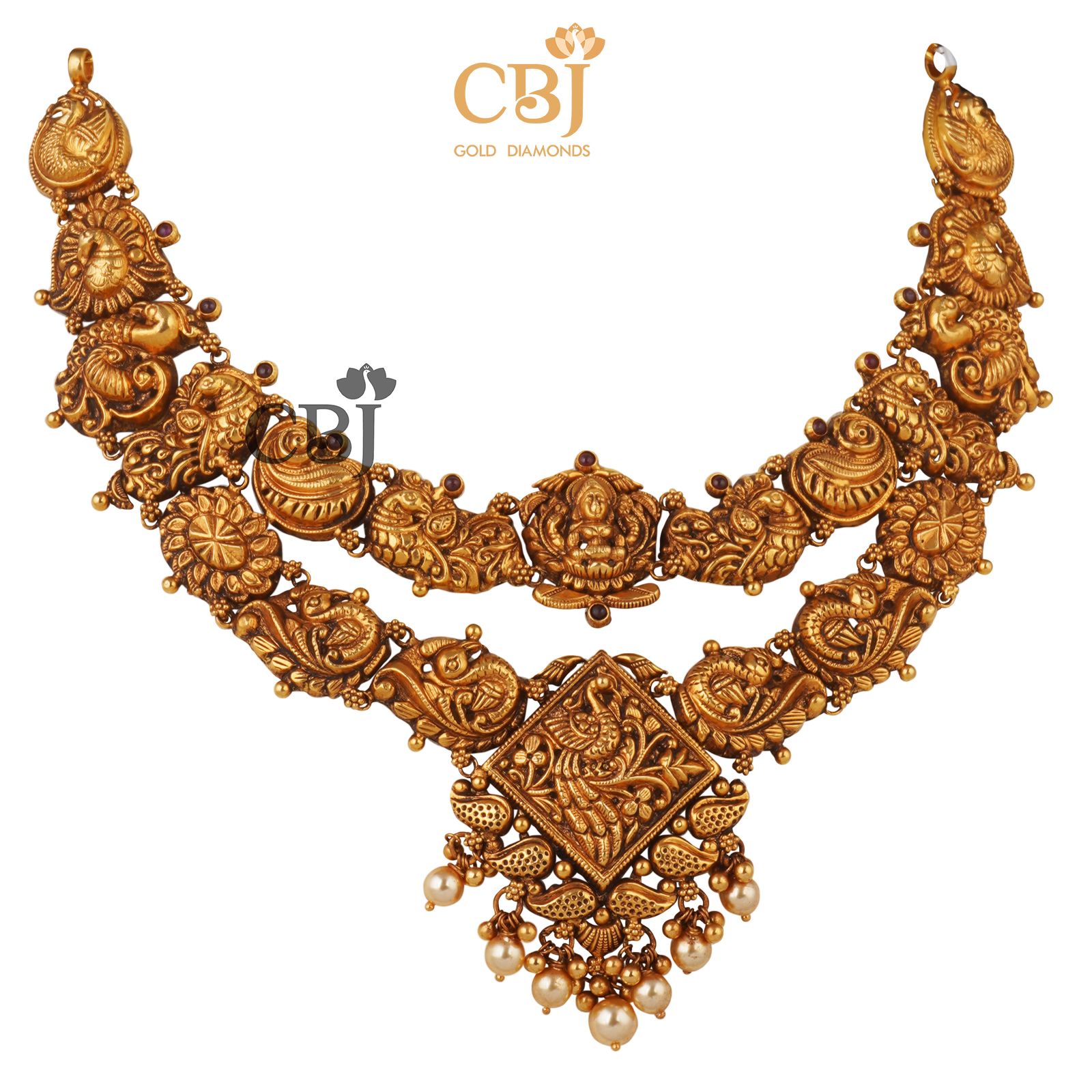 A unique 2 step antique nakashi necklace featuring a stunning design with suspended pearls.