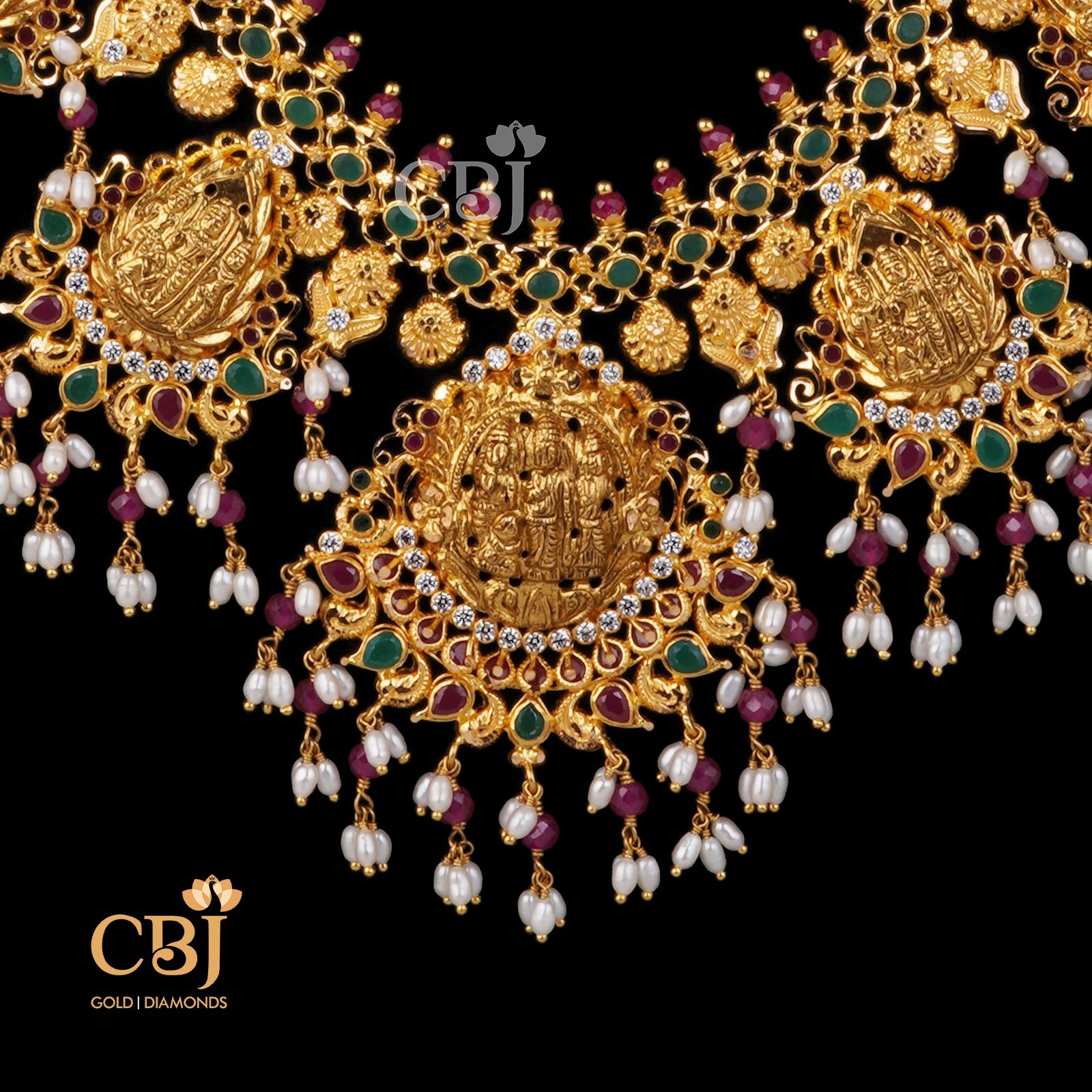 A unique Lakshmi haram with hangings studded with rubies