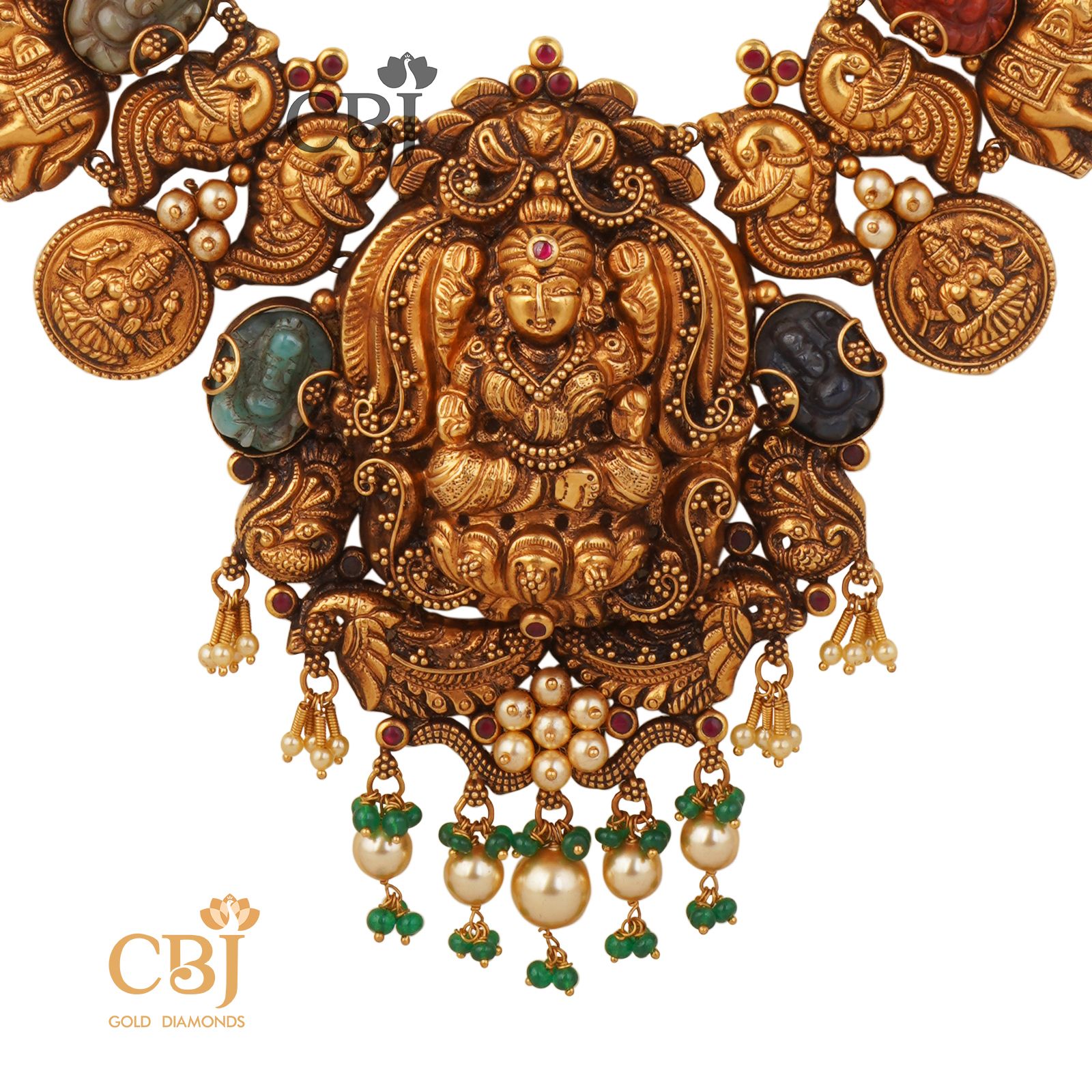 A special antique nakashi long haram featuring all the 9 auspicious navaratna stones.