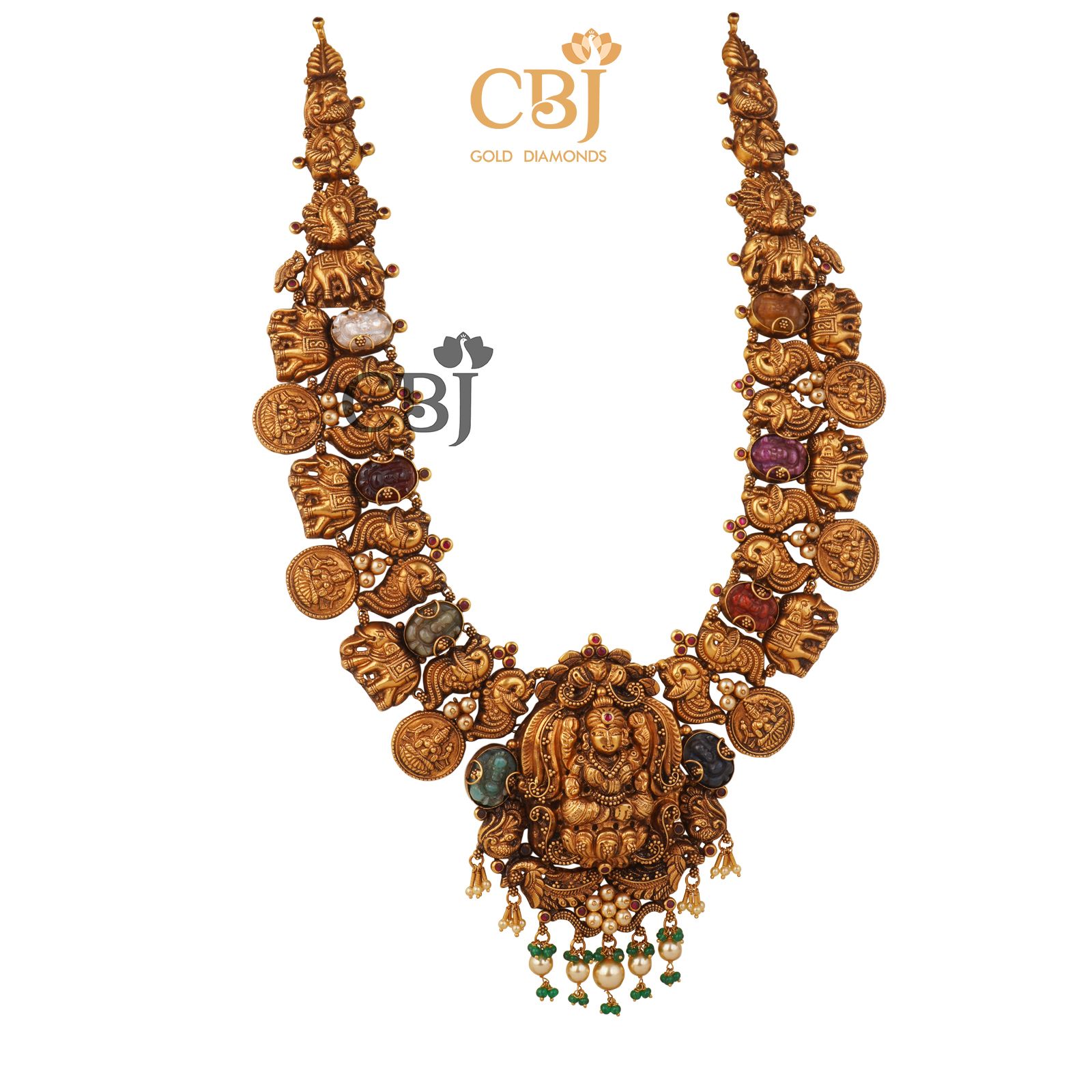 A special antique nakashi long haram featuring all the 9 auspicious navaratna stones.