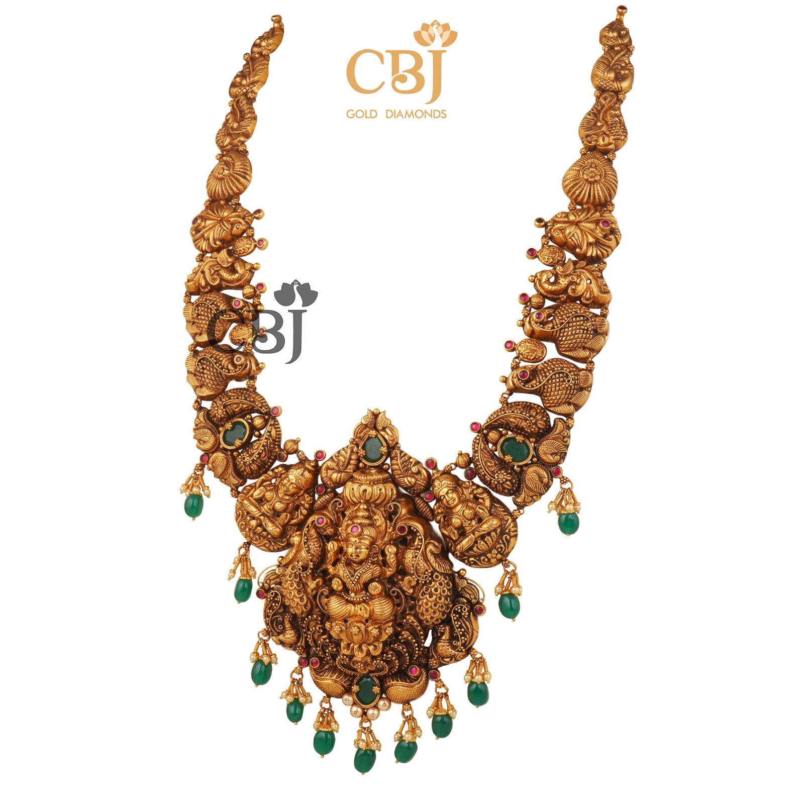An antique nakashi haram featuring emerald stones and divine motifs.