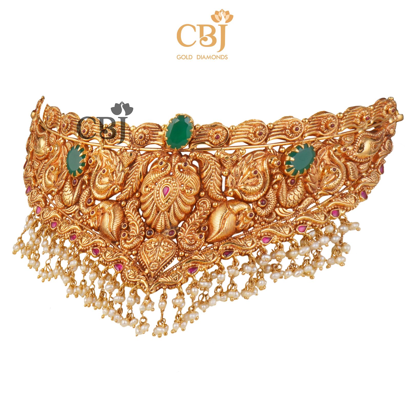 An antique nakashi choker featuring emerald stones and suspended micro-pearls.