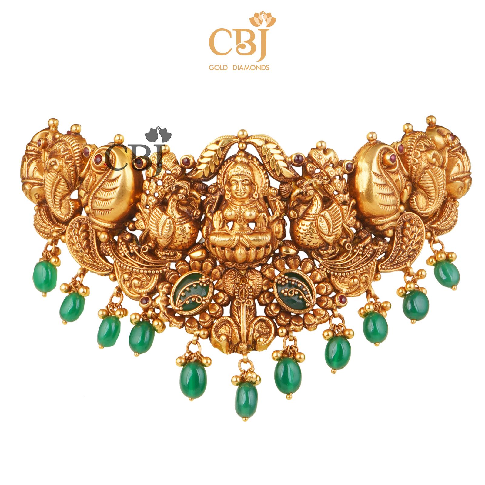 A heavy designer nakashi choker featuring emerald drops.