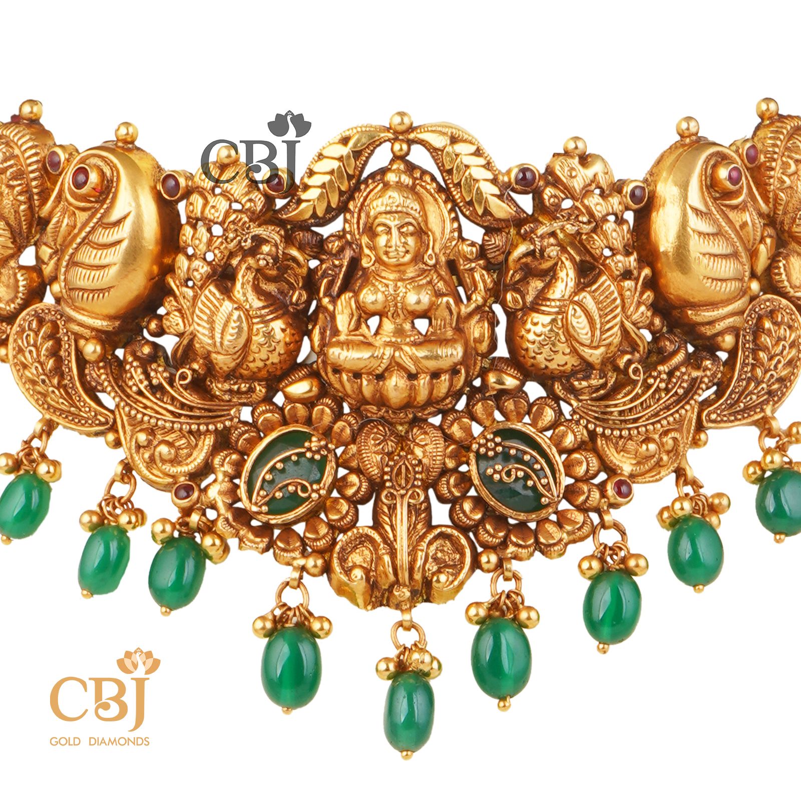 A heavy designer nakashi choker featuring emerald drops.