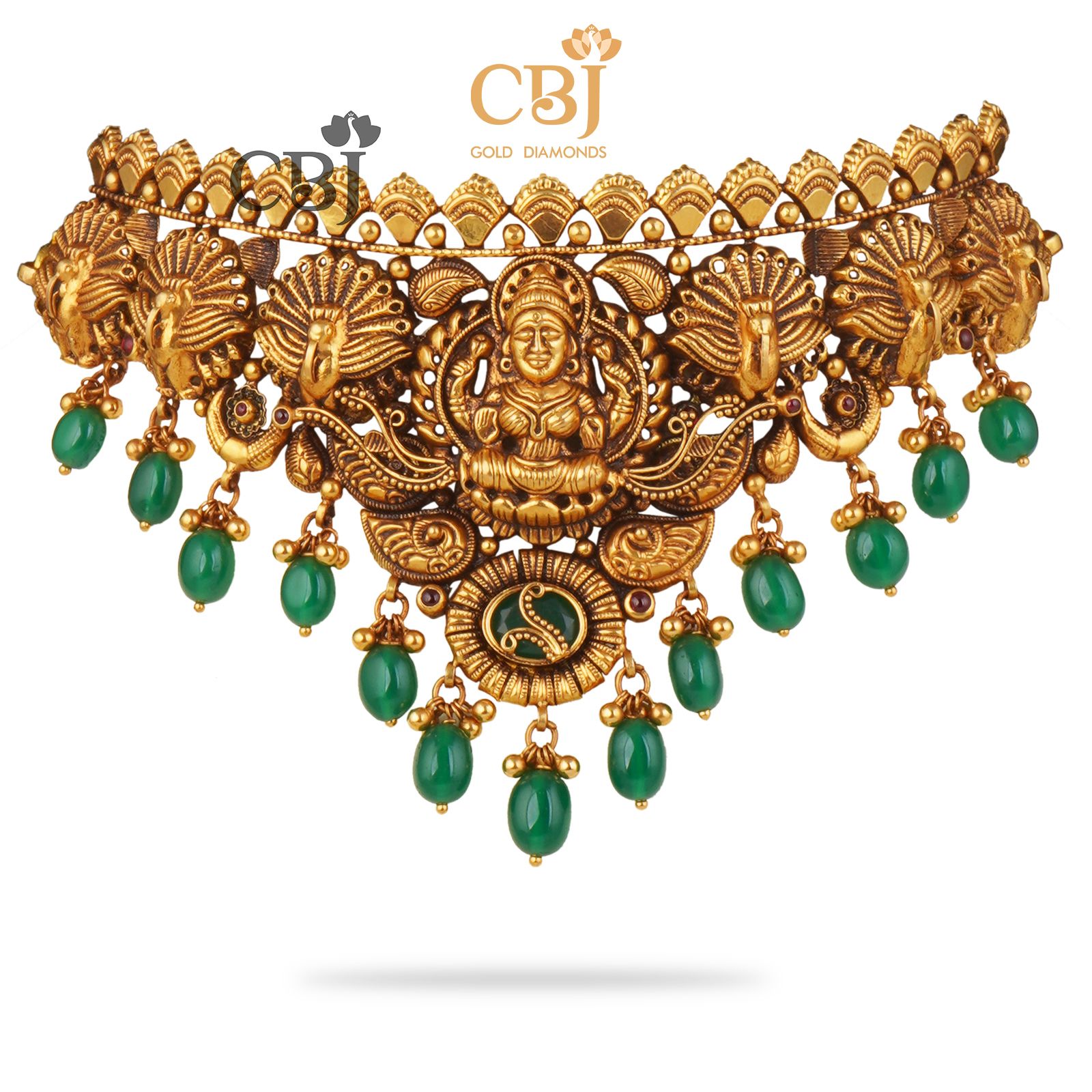 A V shaped nakashi choker suspended with emerald stones.